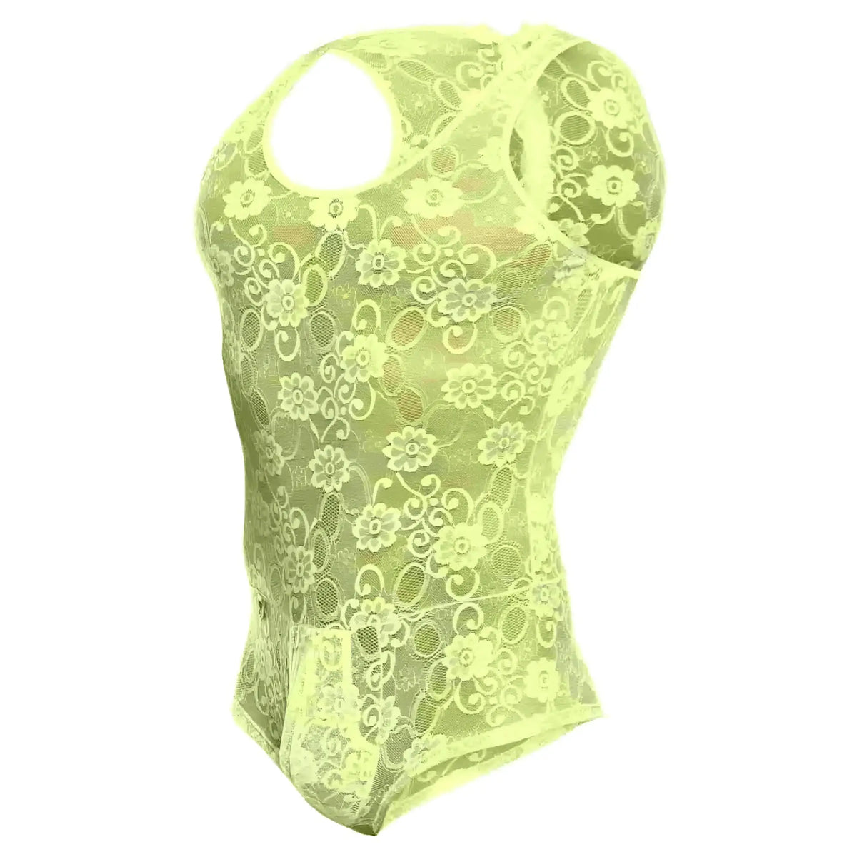 MOB men’s lace bodysuit in neon yellow with floral pattern and cut-out shoulders made of lace material