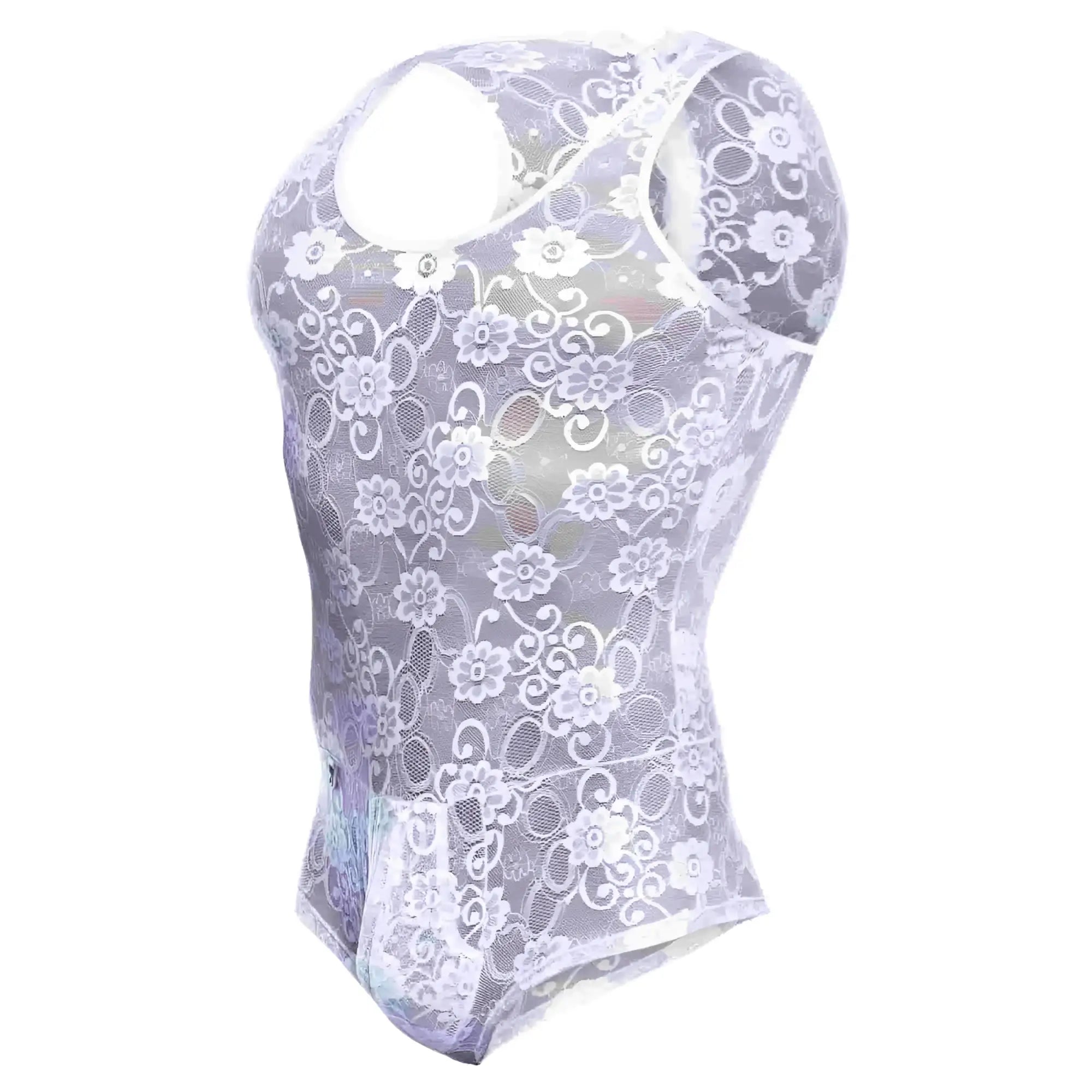 MOB men’s sheer lavender lace bodysuit with floral pattern and racerback design shown from the back side