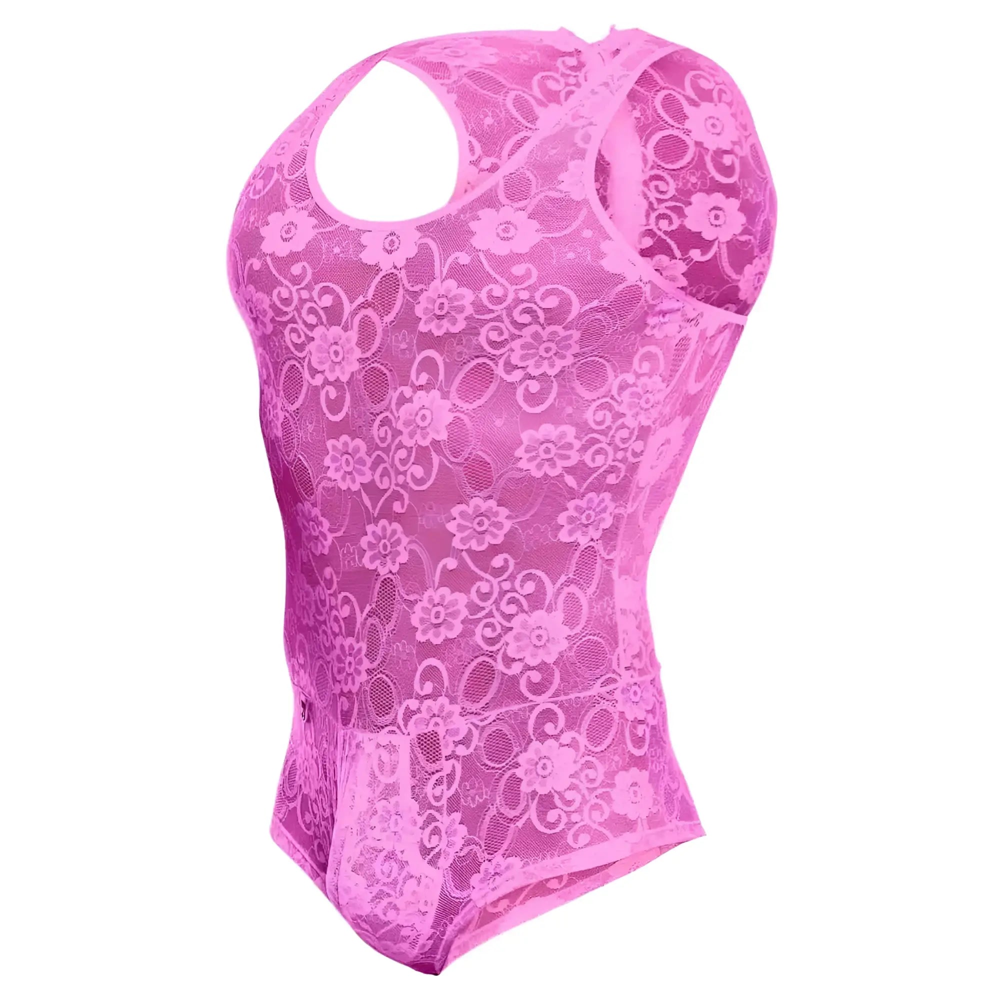 MOB men’s lace bodysuit in vibrant pink with floral pattern and halter neckline made of lace material