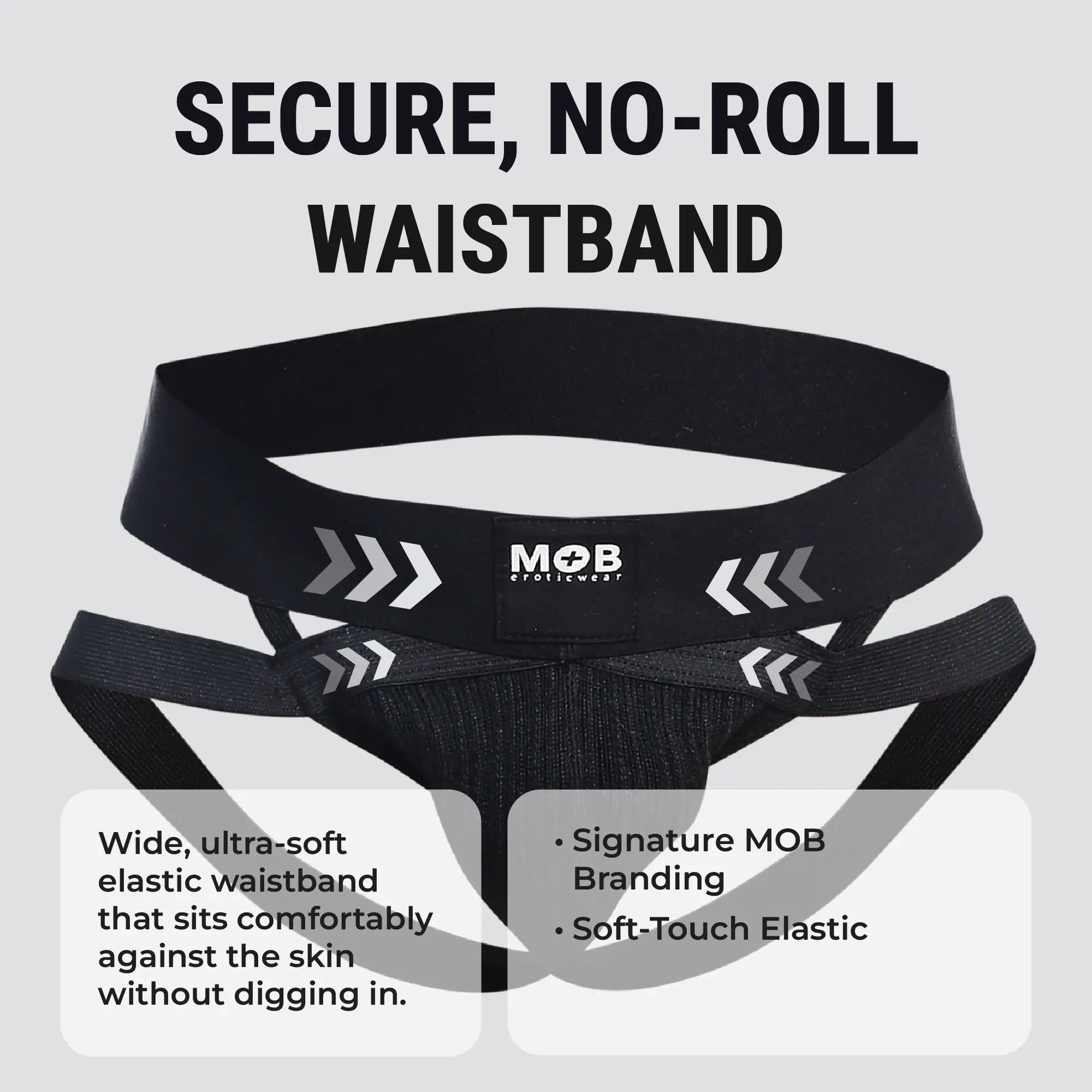 Men’s x jockstrap with black elastic waistband featuring white arrow graphics and mob eroticwear branding visible on back
