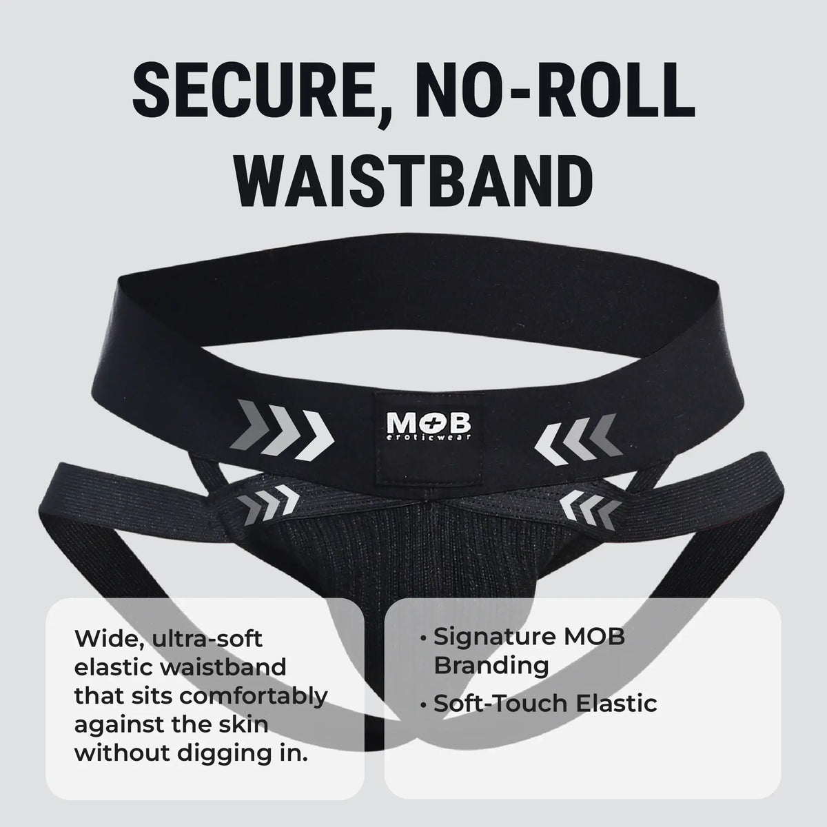 Men’s x jockstrap with black elastic waistband featuring white arrow graphics and mob eroticwear branding visible on back