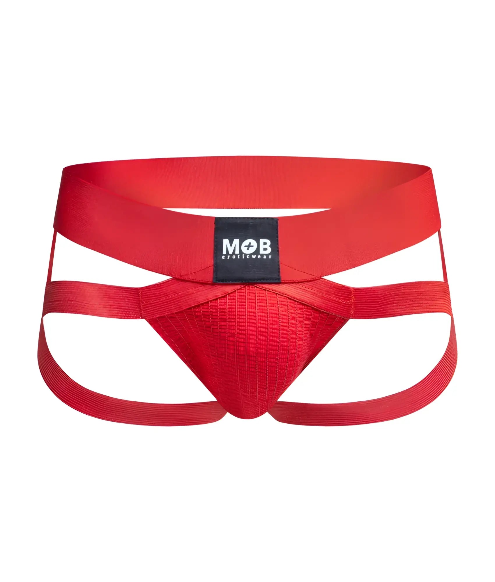 Men’s x jockstrap red fabric briefs with bold crisscross design and black mob eroticwear label on waistband front view