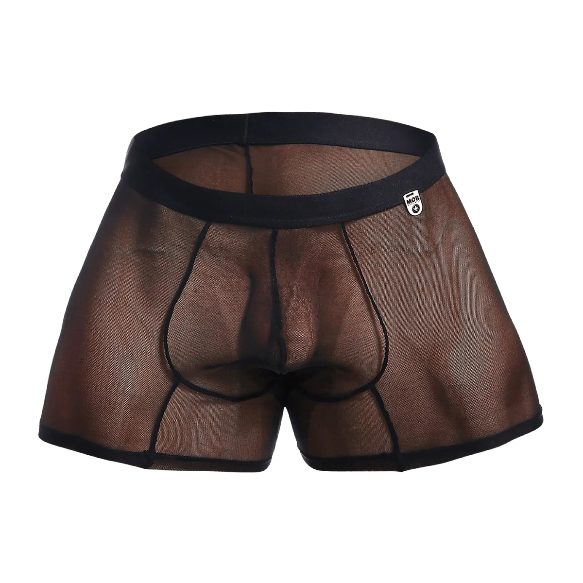 MOB mesh boxer black men’s underwear with solid black waistband and trim featuring breathable mesh fabric