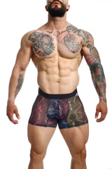 Black and multicolored lightning-patterned mesh boxer briefs mob mesh boxer with breathable fabric for active wear
