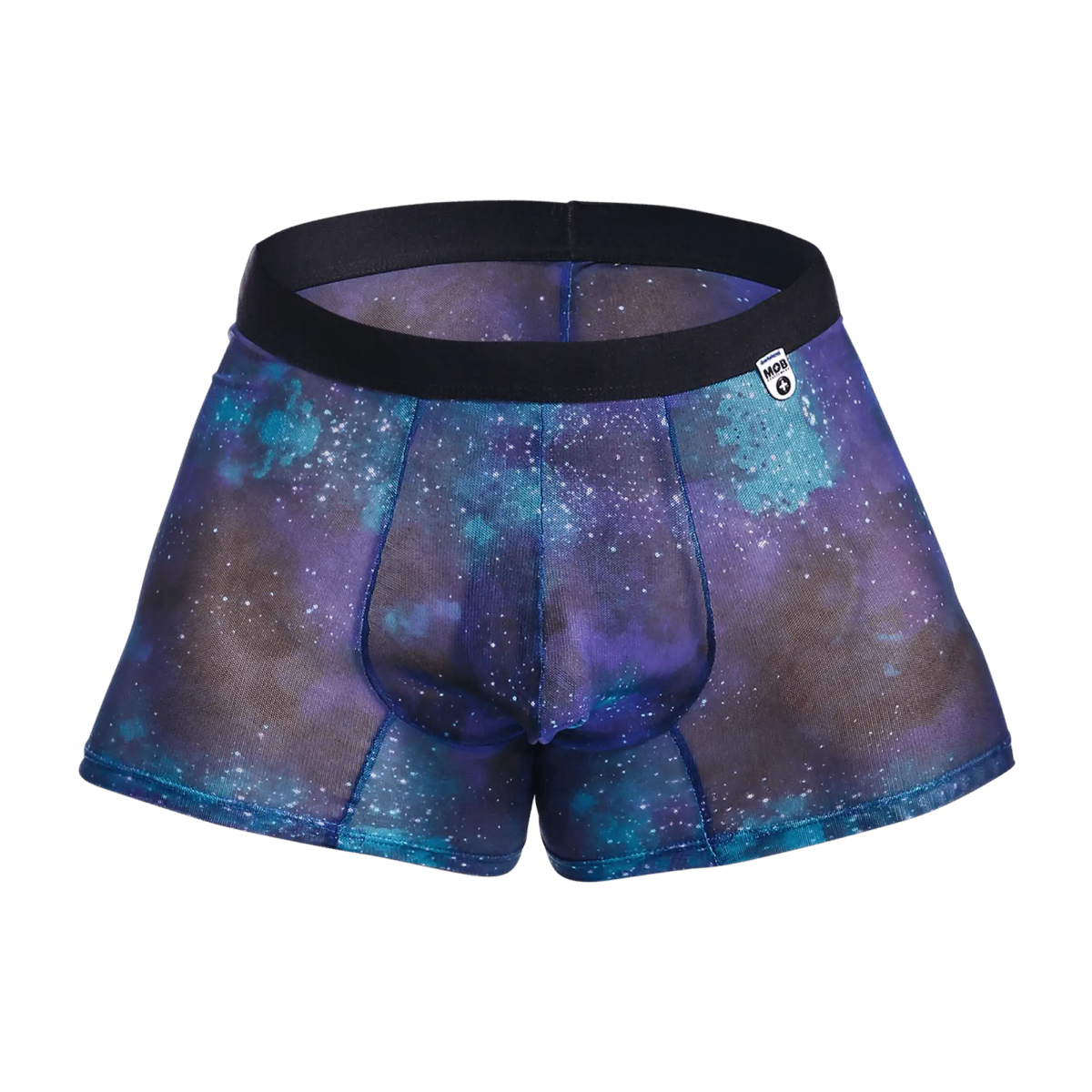 MOB mesh boxer briefs with purple and blue galaxy pattern and black elastic waistband made from breathable mesh fabric