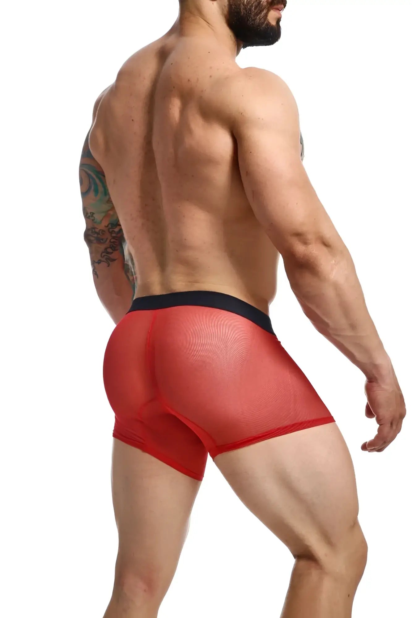Red mesh boxer briefs with a black waistband from MOB mesh boxer featuring breathable fabric and bold design