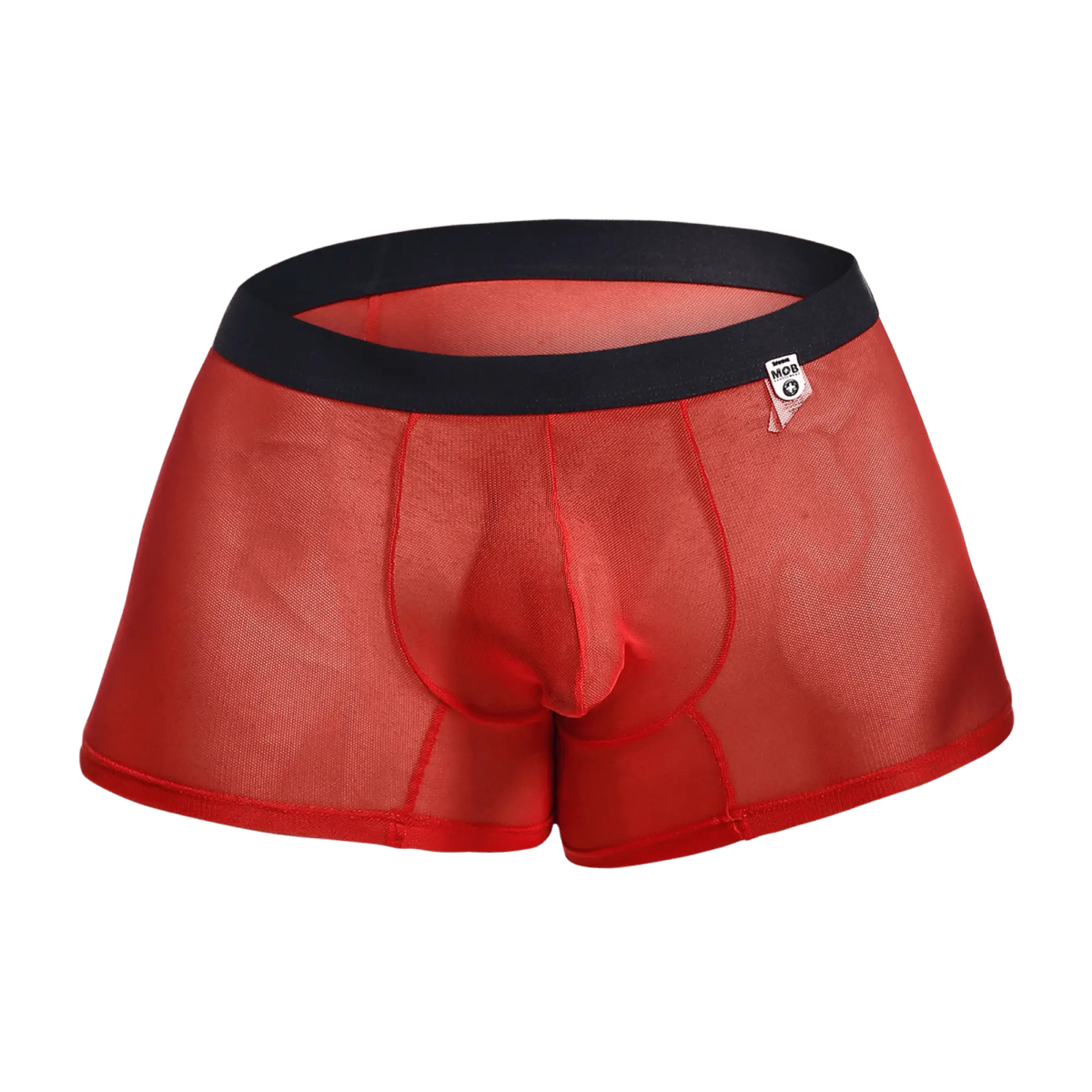 Red sheer mesh men’s MOB mesh boxer briefs with black elastic waistband and small white brand tag