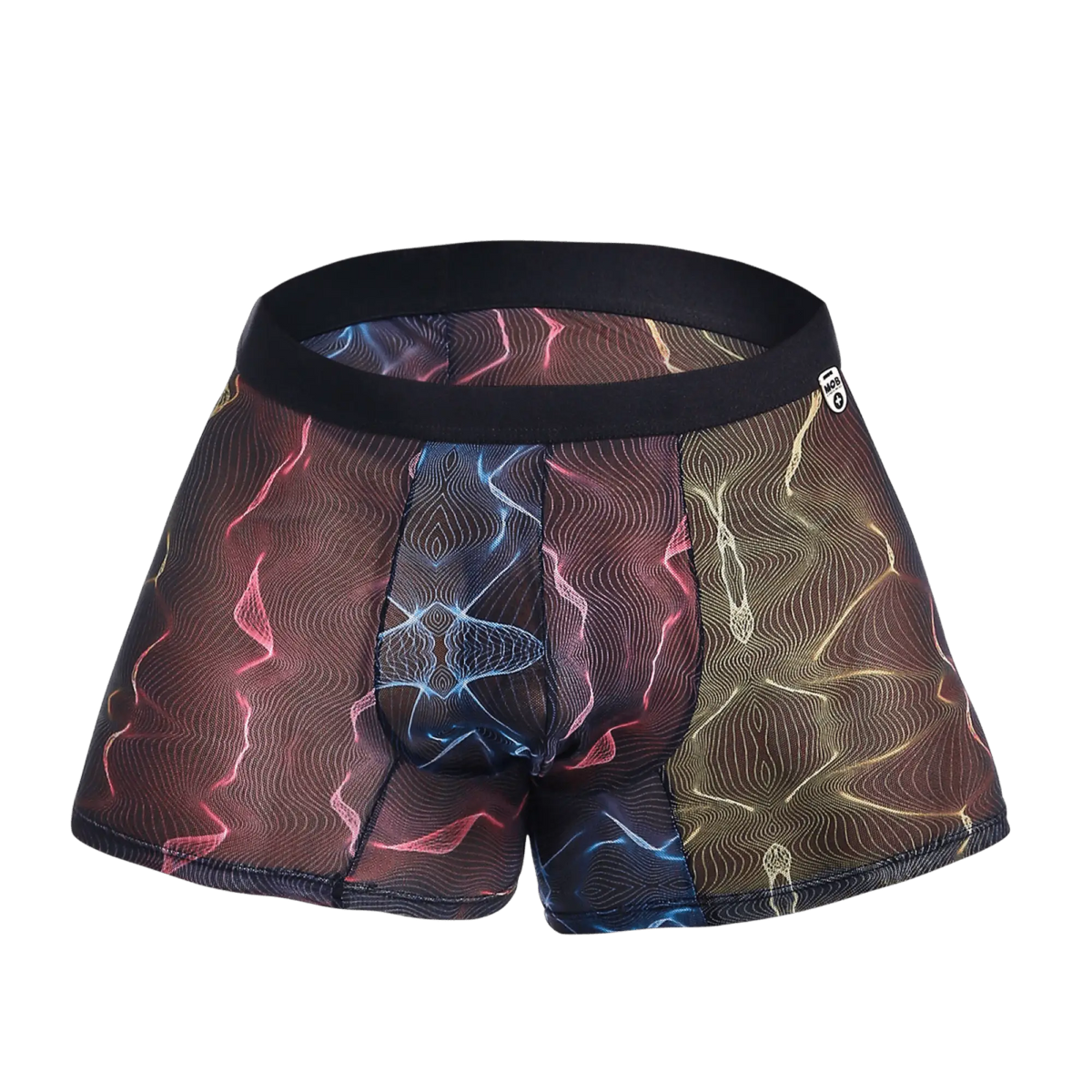 MOB mesh boxer vibrant men’s boxer briefs with abstract pink blue gold waves on sheer fabric and black waistband