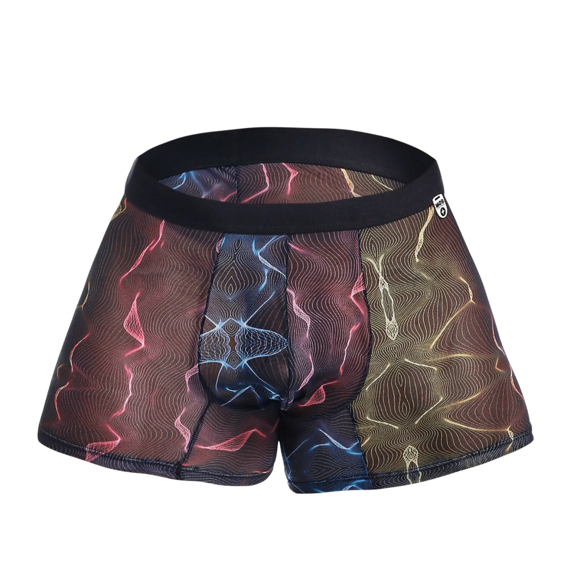 Vibrant multicolored men’s mob mesh boxer briefs with abstract pink blue and gold wave pattern on sheer fabric