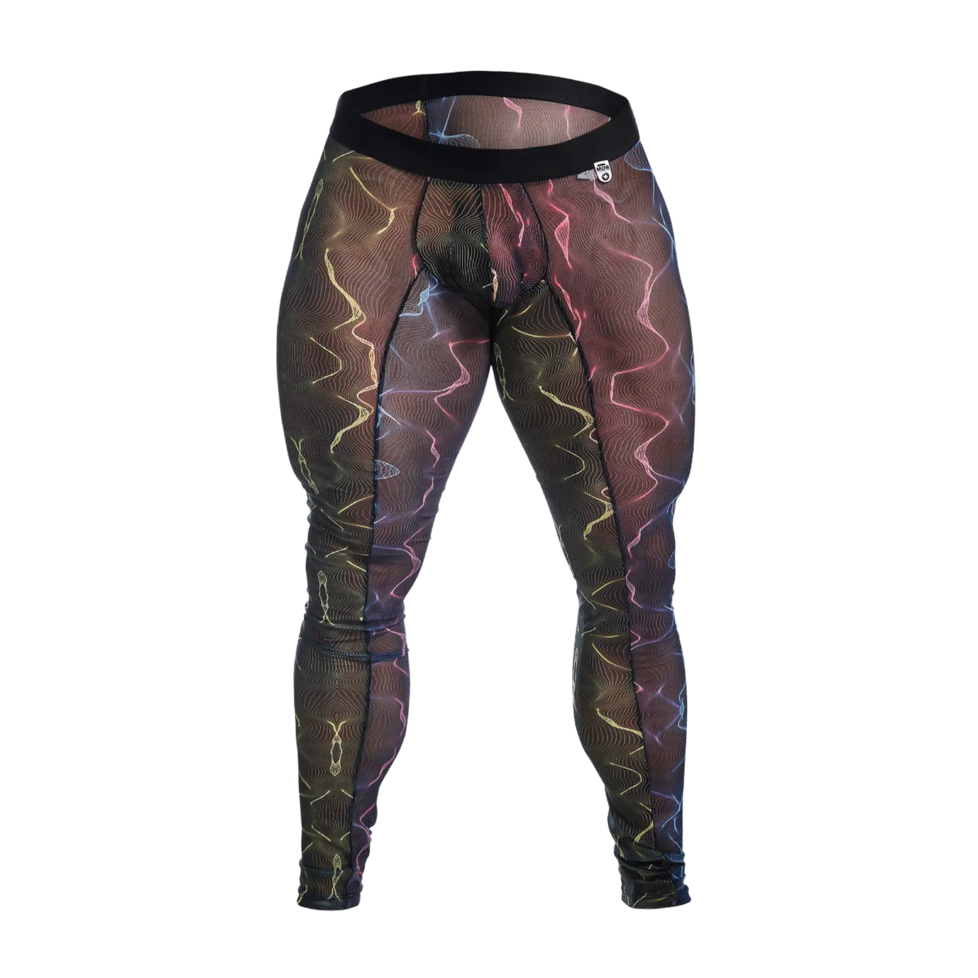 MOB Mesh Tights black mesh leggings with vibrant glowing neon wave pattern in pink yellow and blue