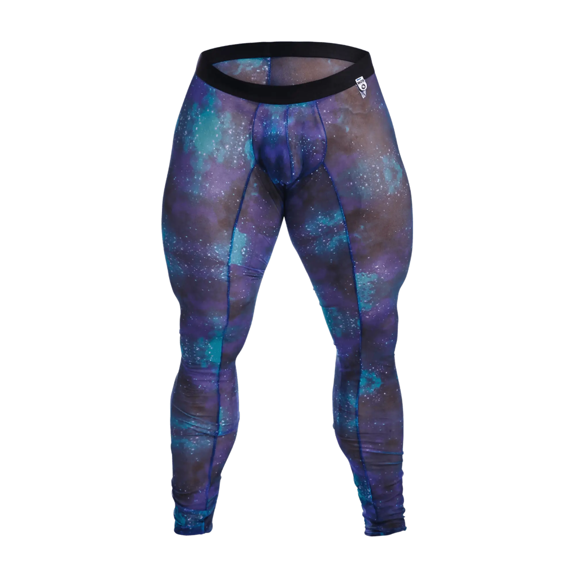 Purple and teal galaxy-patterned mob mesh tights compression leggings with black waistband for athletic use