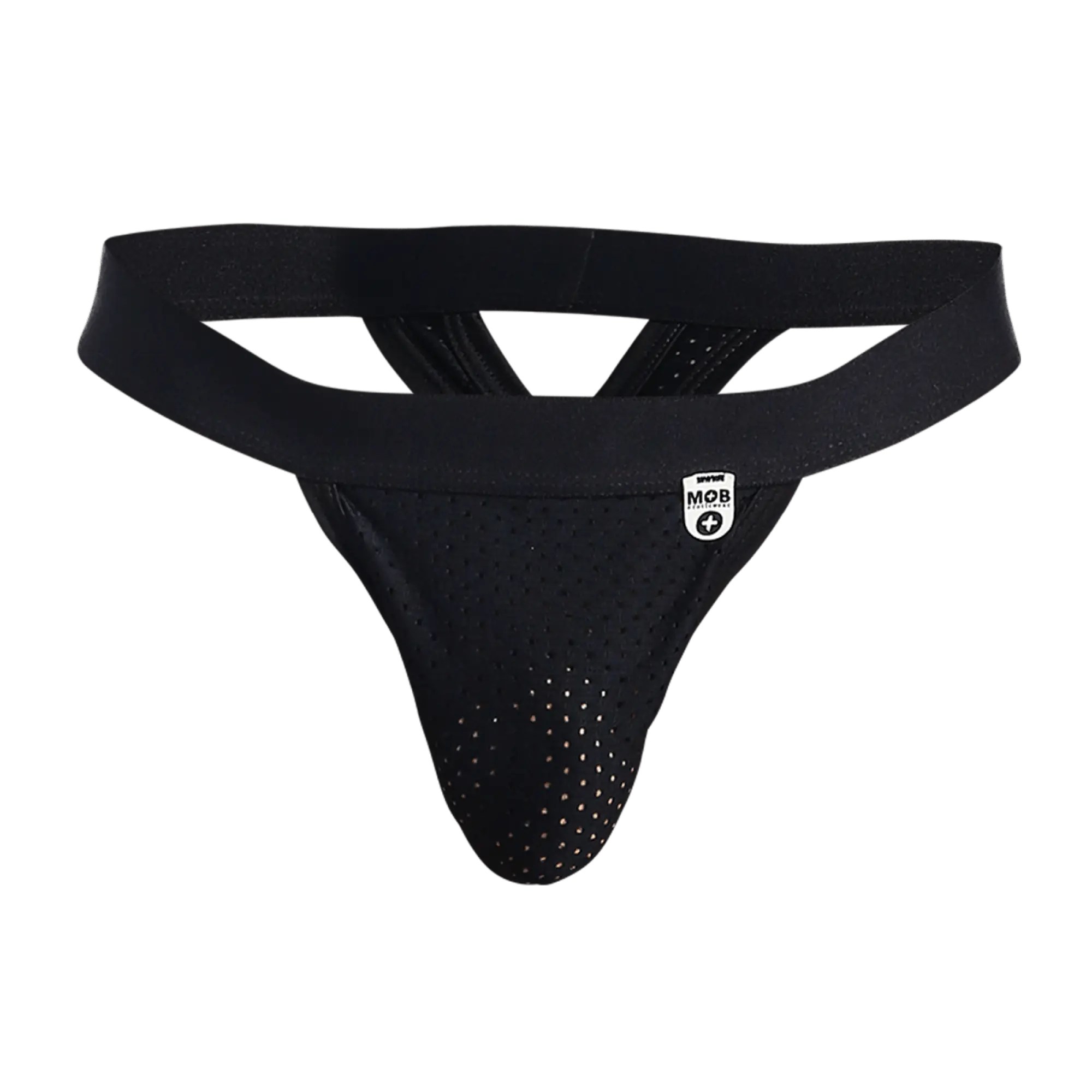 Black perforated athletic supporter mesh thong with wide elastic waistband and small white logo patch front view