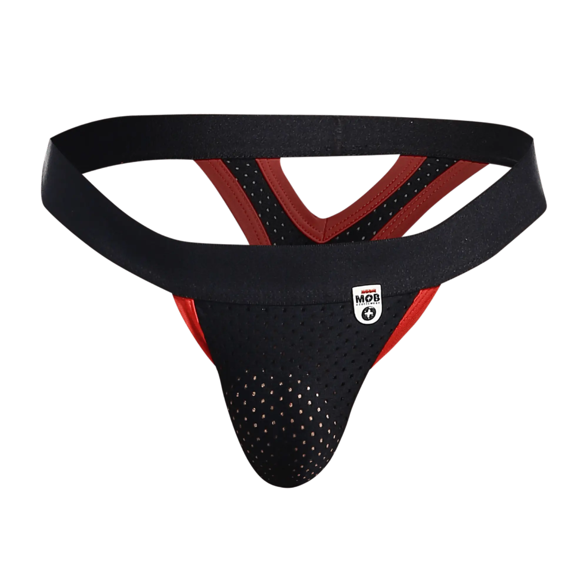 Black and red perforated mesh mob mesh y thong athletic supporter with branded logo patch visible on front side