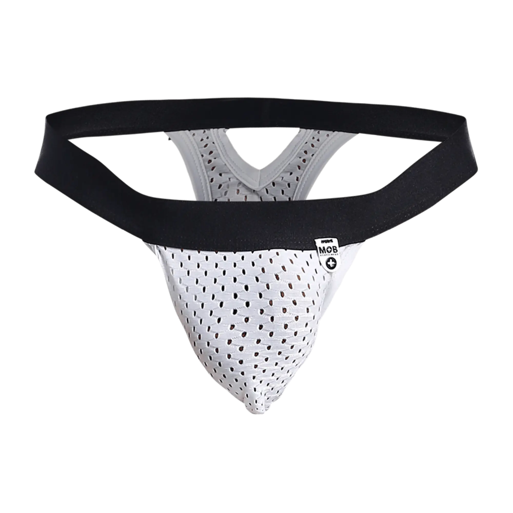 White perforated mesh athletic supporter with black elastic waistband and small mob brand tag from mob mesh y thong