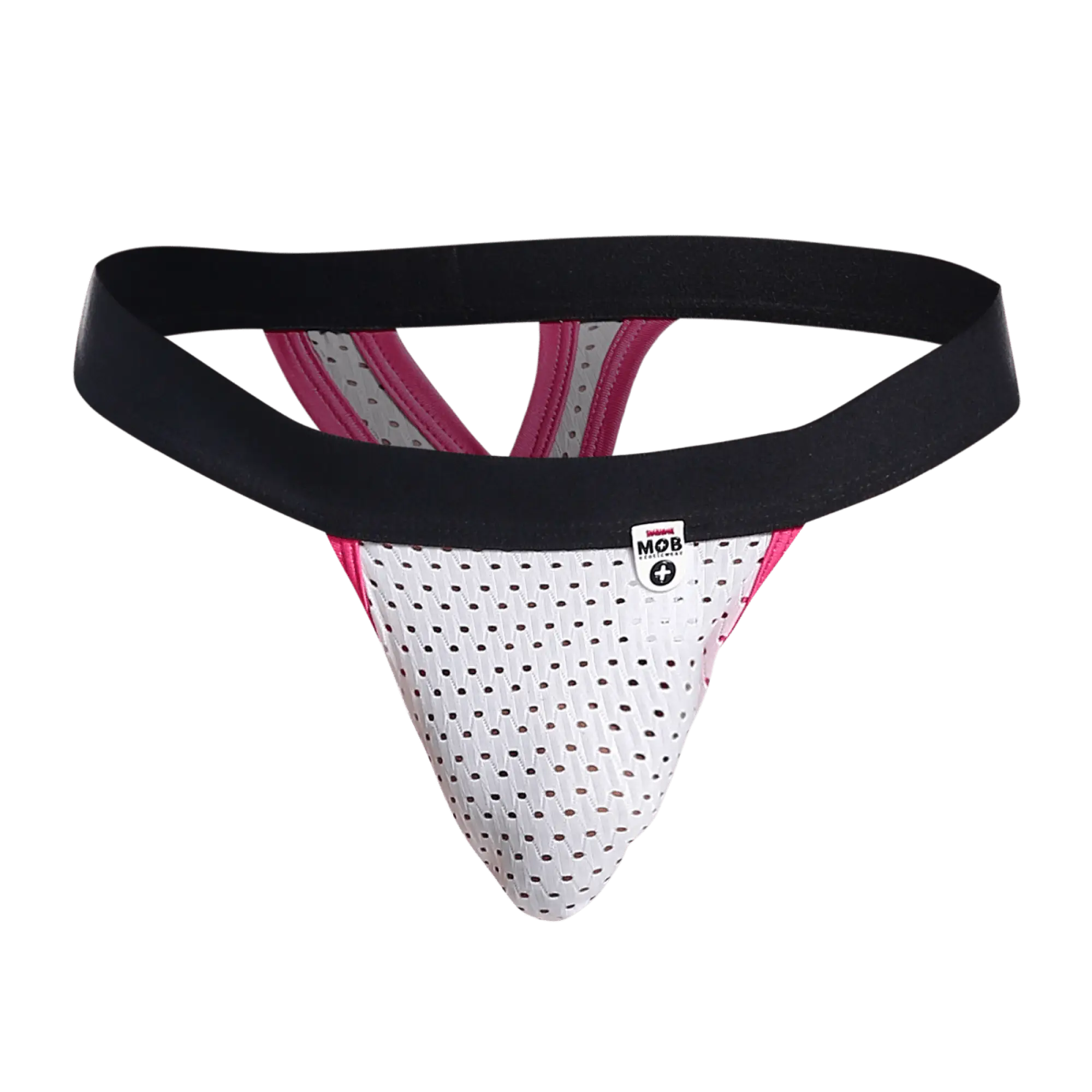 White perforated mob mesh y thong with black and pink trim and branded tag designed as an athletic supporter