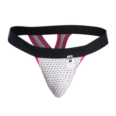 White perforated mob mesh y thong with black and pink trim and branded tag designed as an athletic supporter