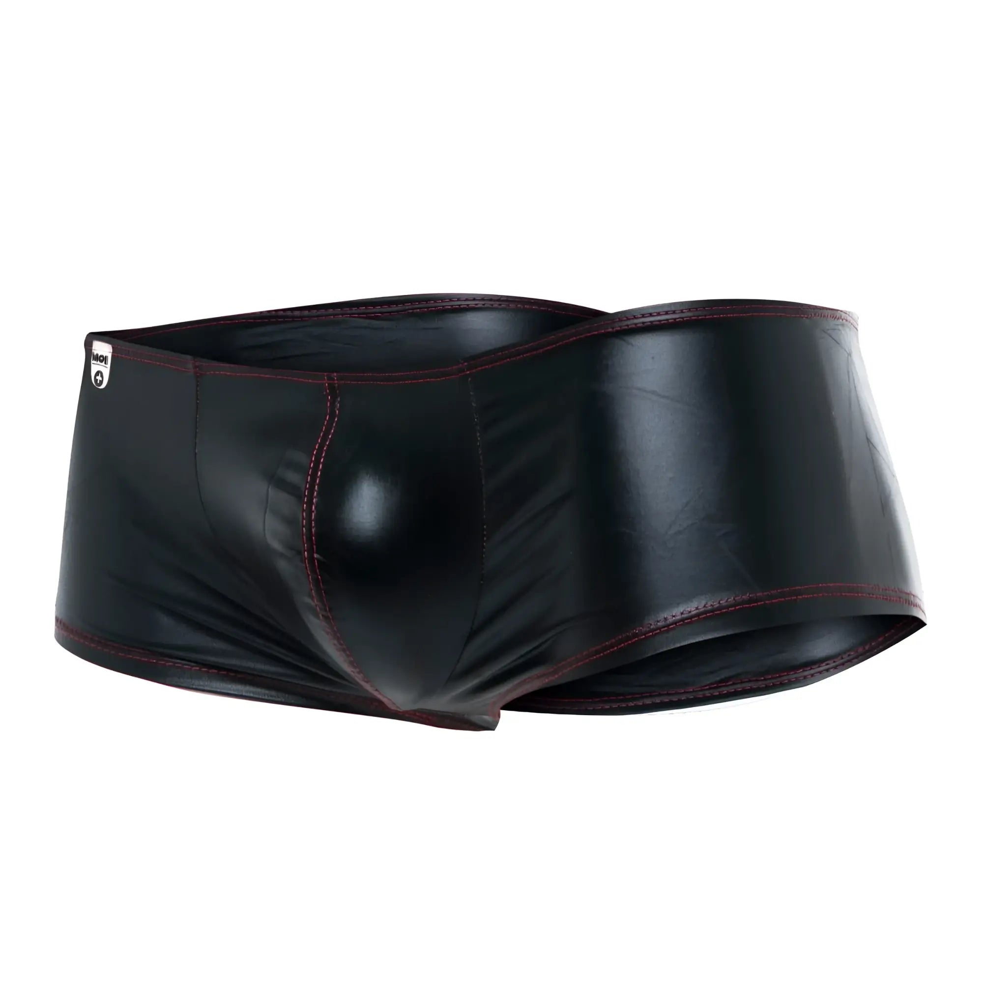 Black patent leather briefs with dark red stitching from mob mirror boxer shown from the back side