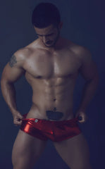 Shiny red metallic briefs mob mirror boxer showcasing sleek reflective fabric and fitted design in front view
