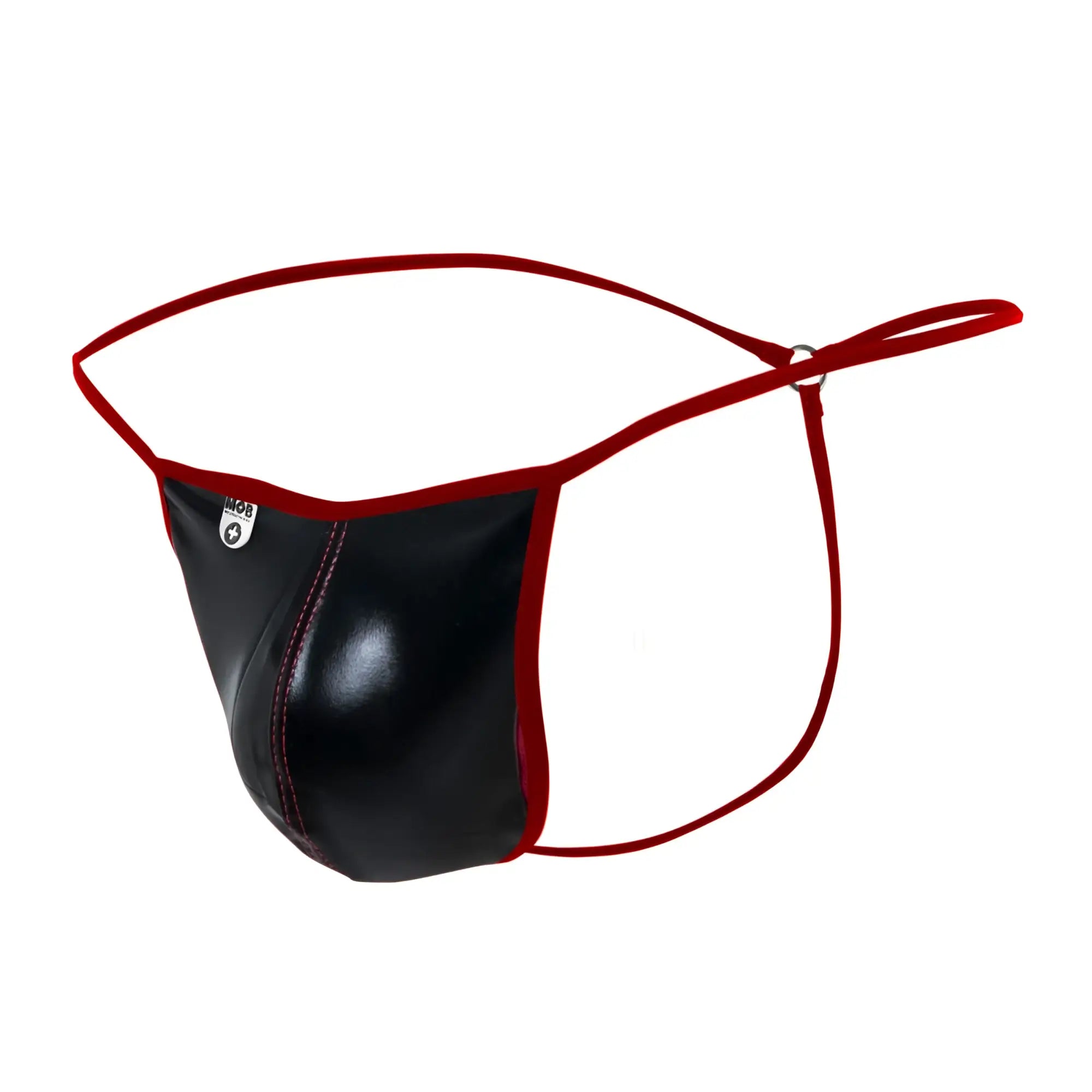 Black and red leather thong MOB Mirror G string with a glossy finish shown from the back side