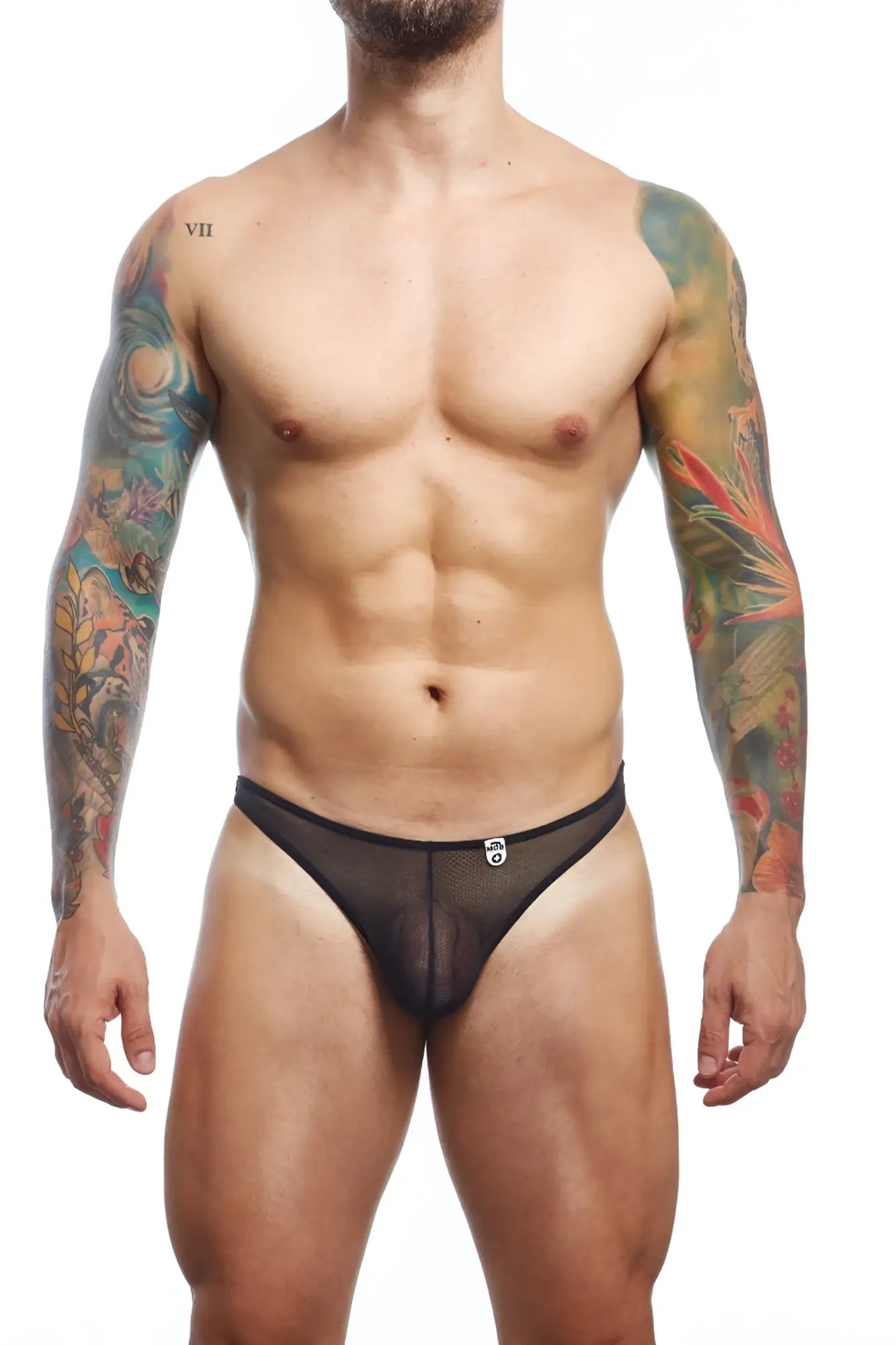 Black mesh briefs mob sheer thong with subtle front logo made from breathable sheer fabric