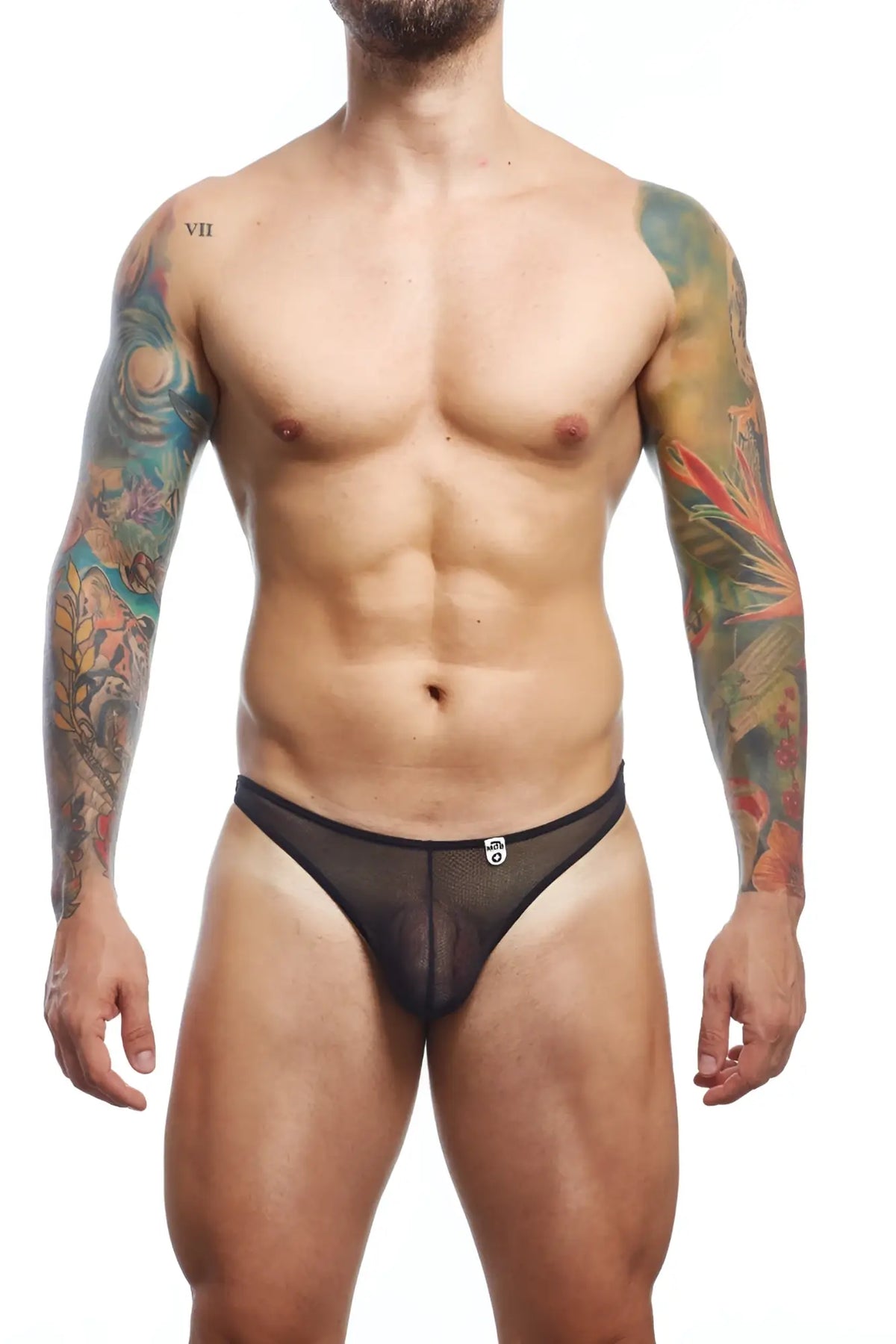 Black mesh briefs mob sheer thong with subtle front logo featuring sheer breathable fabric