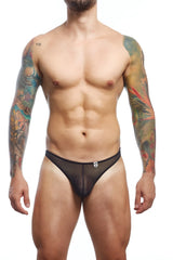 Black mesh briefs mob sheer thong with subtle front logo featuring sheer breathable fabric