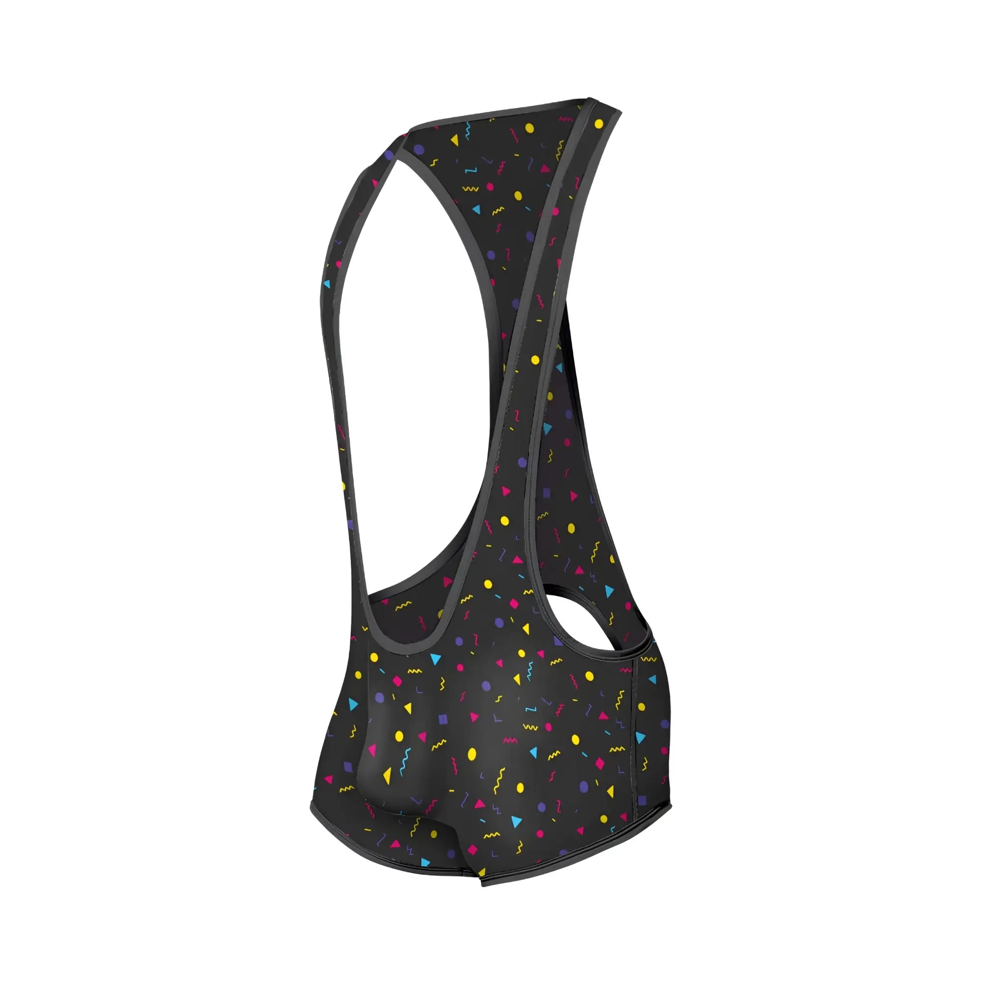 Black cycling bib shorts with vibrant yellow pink blue and purple confetti pattern back view in mob singlet design