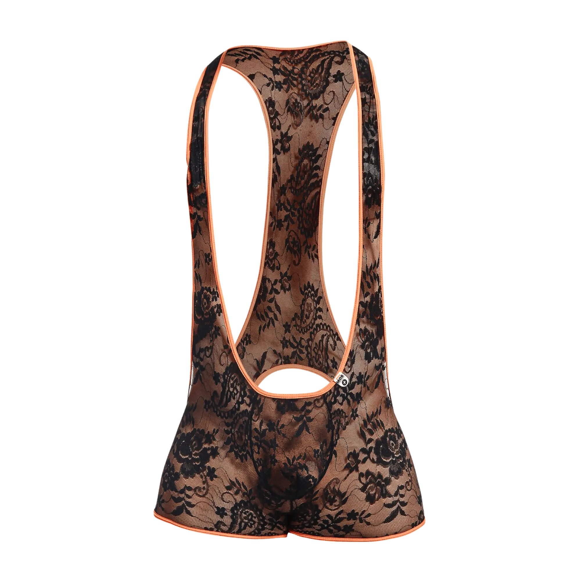 Black floral lace cycling bib shorts with orange trim shown from the back in a mob singlet product image
