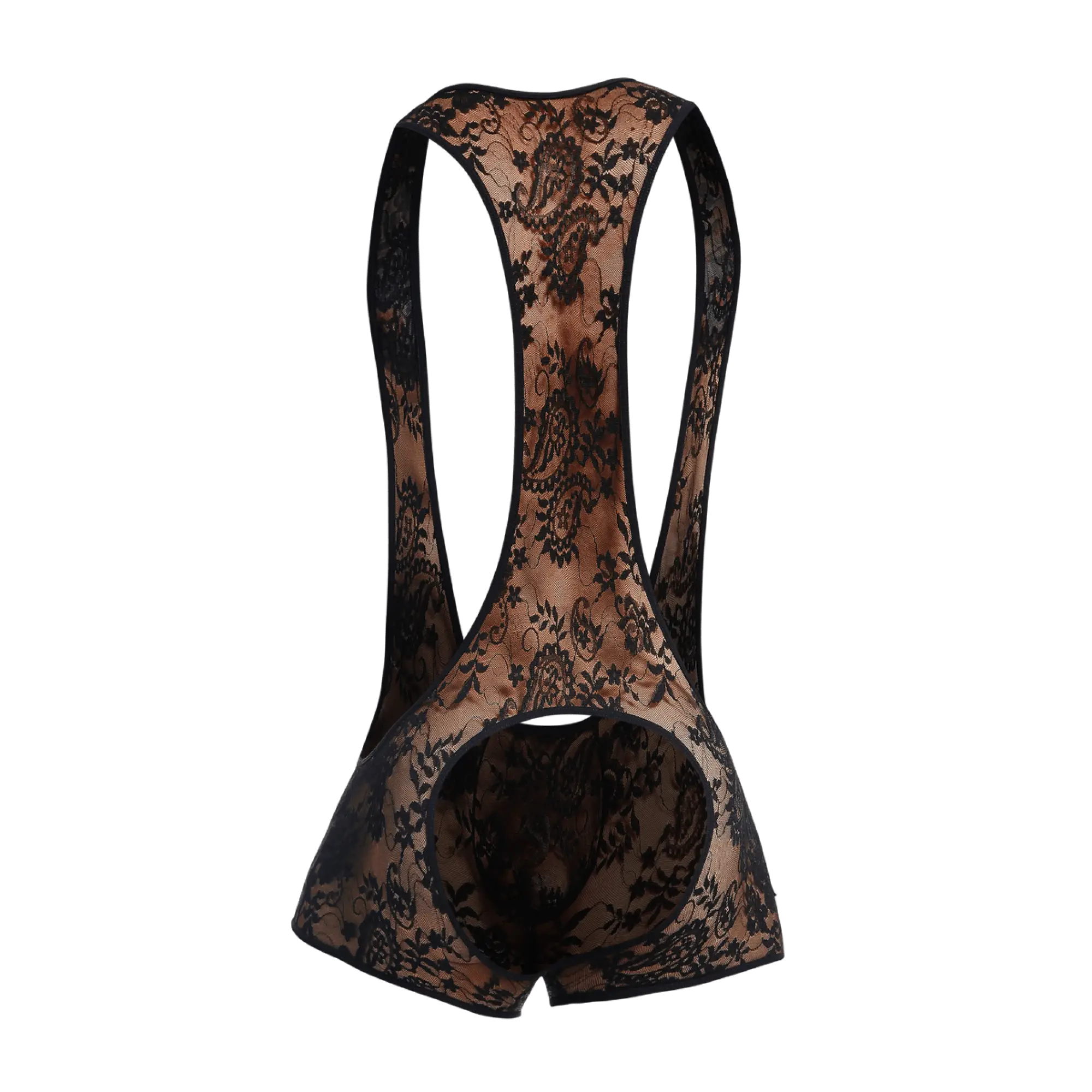 Black lace cycling bib shorts with sheer patterned design shown from the back in the MOB singlet product line