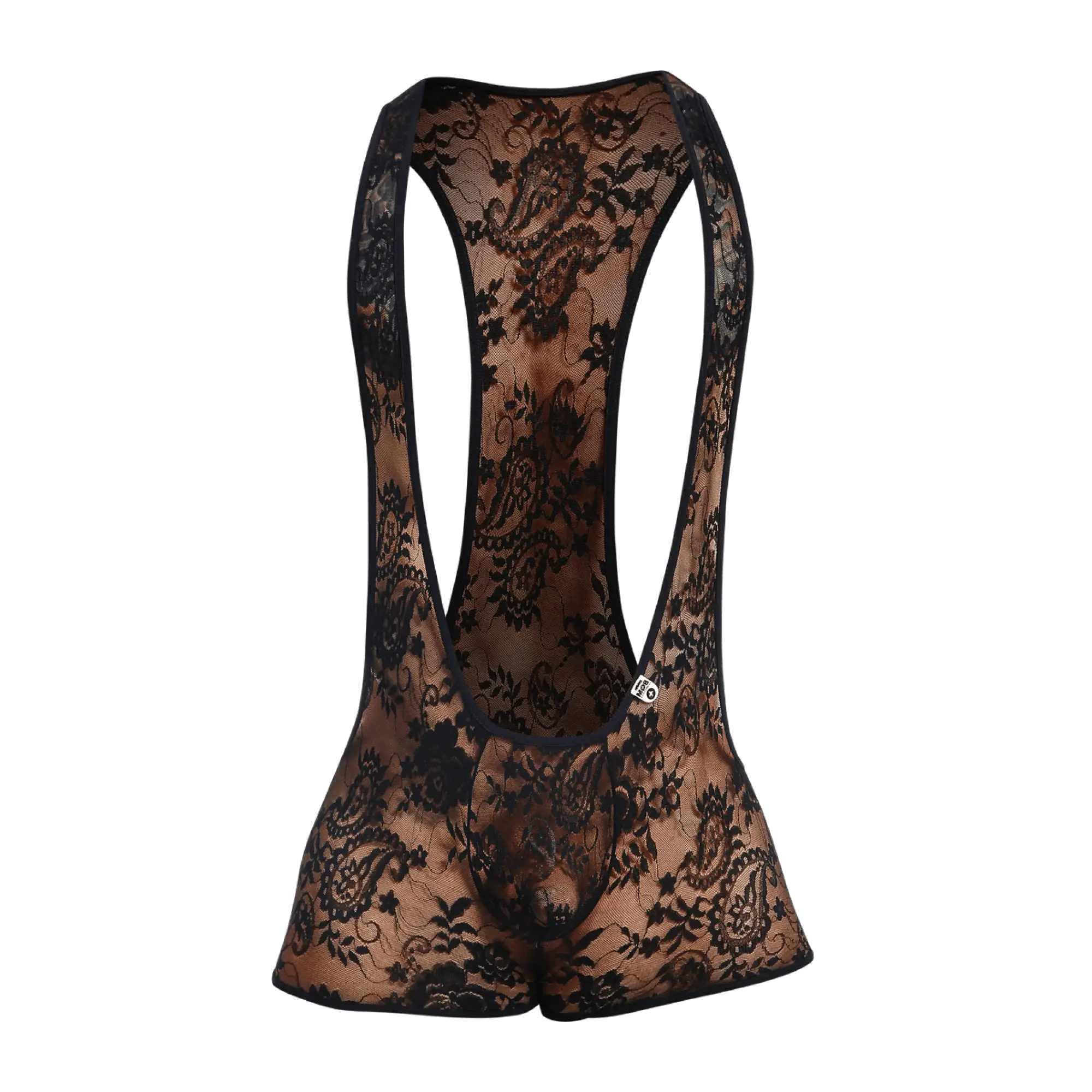 Black lace bodysuit mob singlet with intricate floral patterns and sheer form fitting design