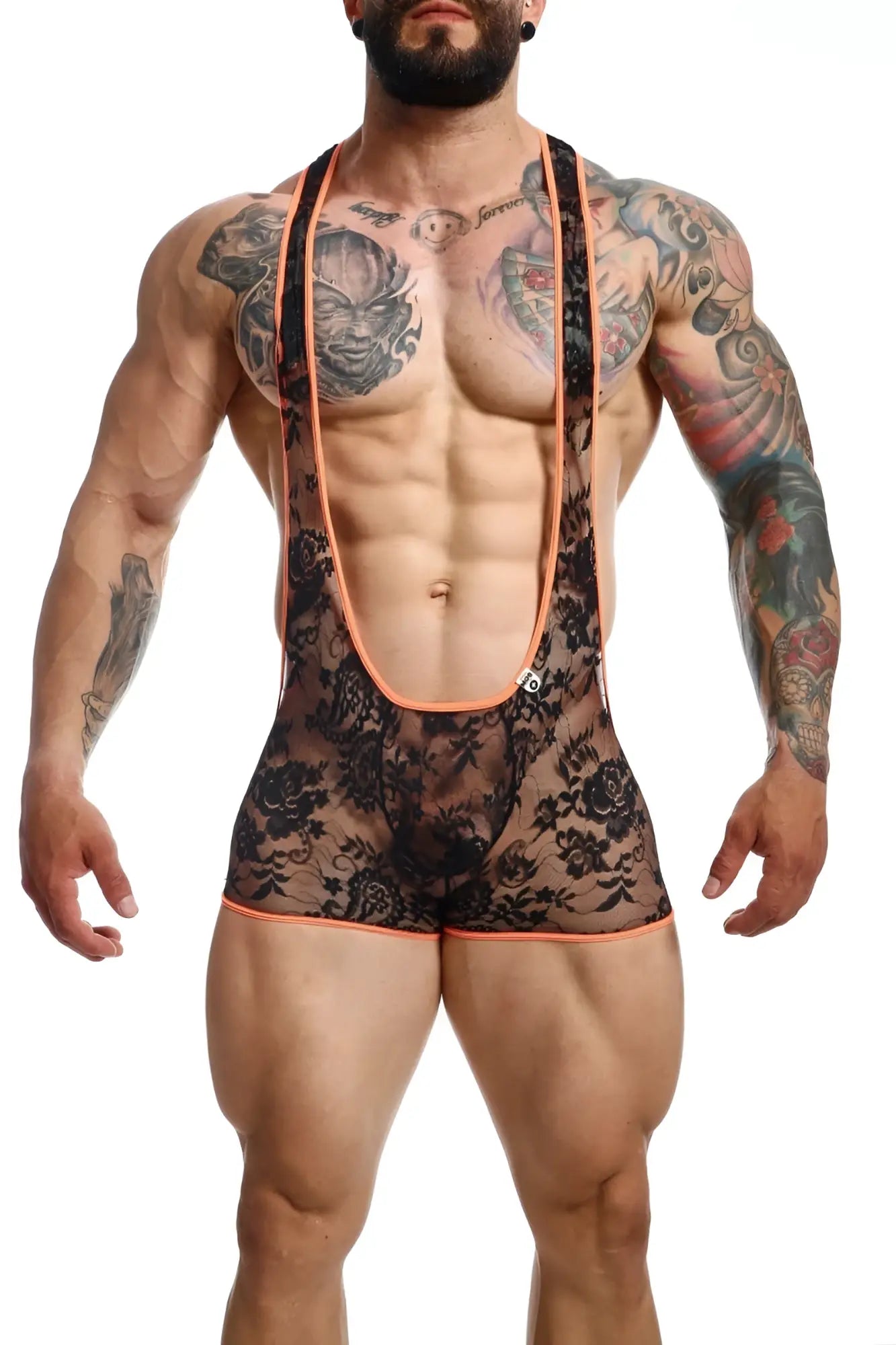 Black lace mob singlet bodysuit with orange trim showcasing delicate lace material and vibrant edging
