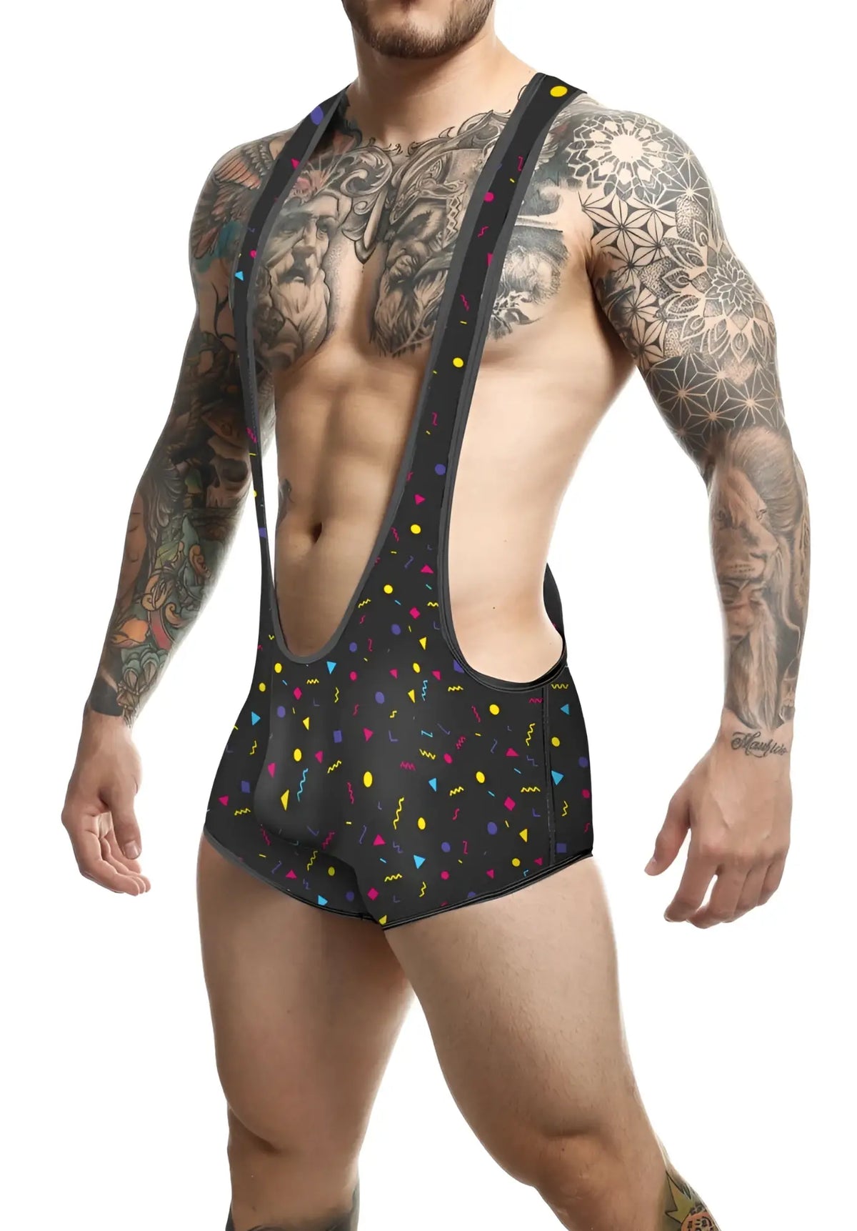 Black men’s suspenders mob singlet with vibrant multicolored confetti pattern in various shapes