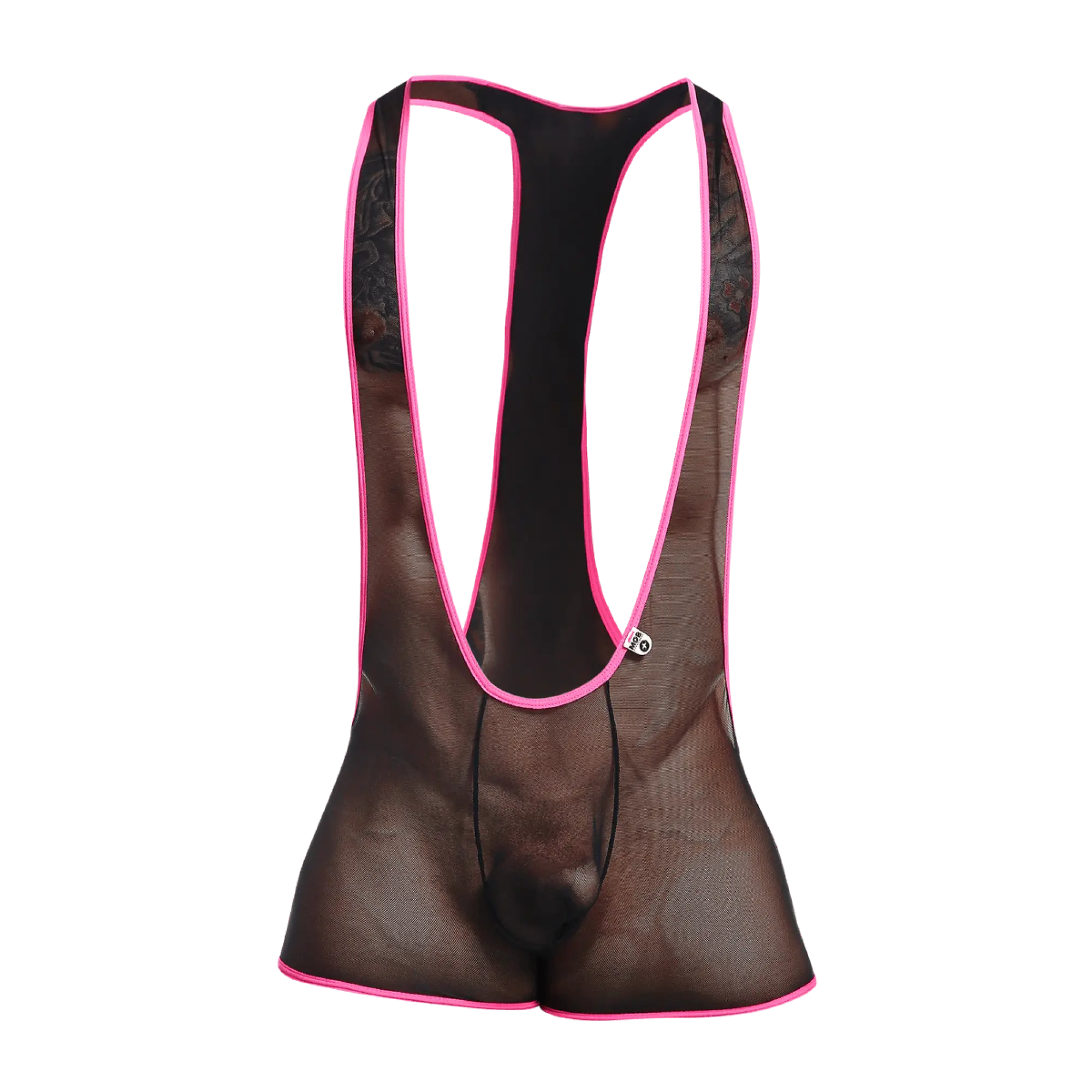 Black mesh cycling bib shorts with vibrant pink trim and lace detailing along the sides from mob singlet