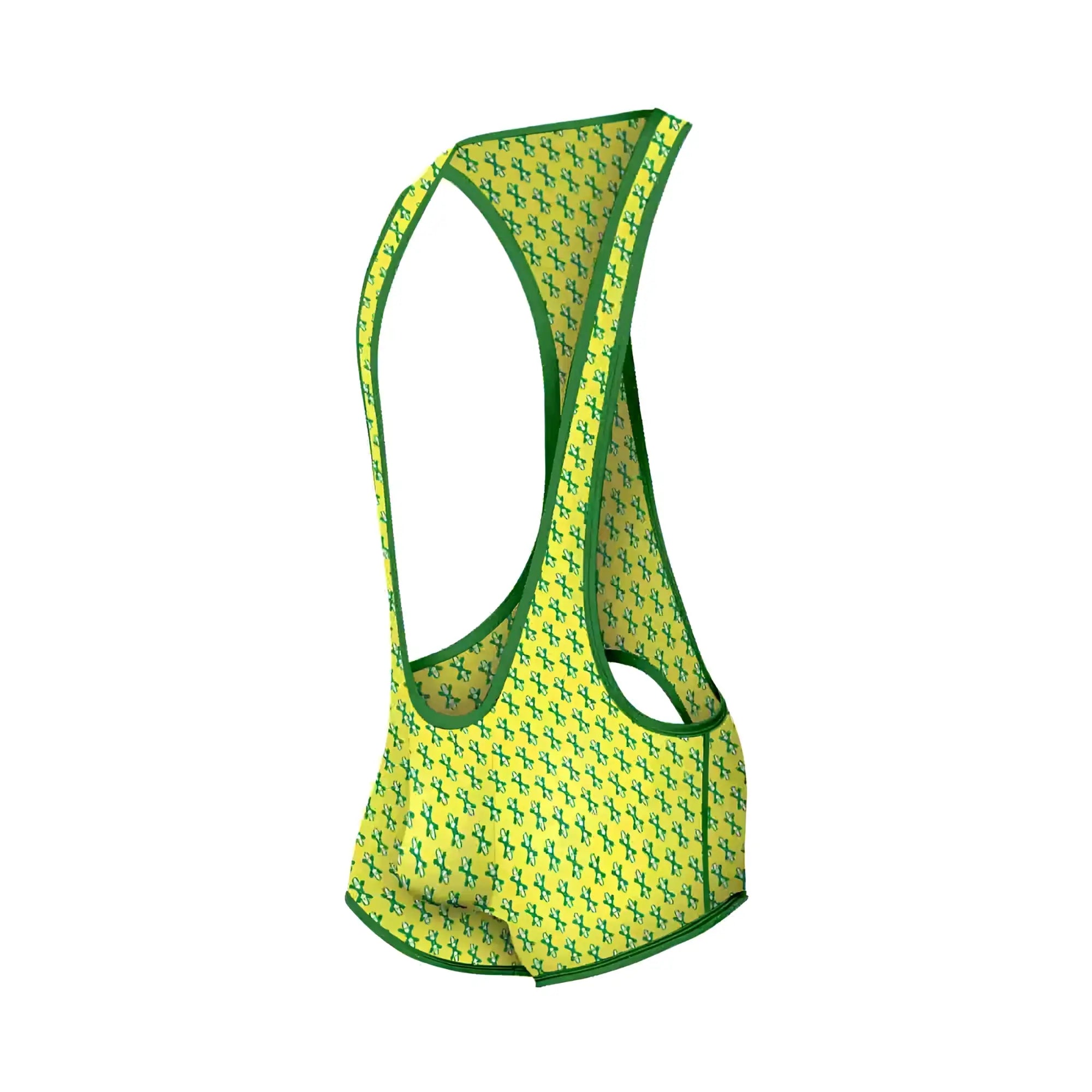 Bright yellow MOB singlet cycling jersey with green crosshatch pattern and matching green trim for road cycling