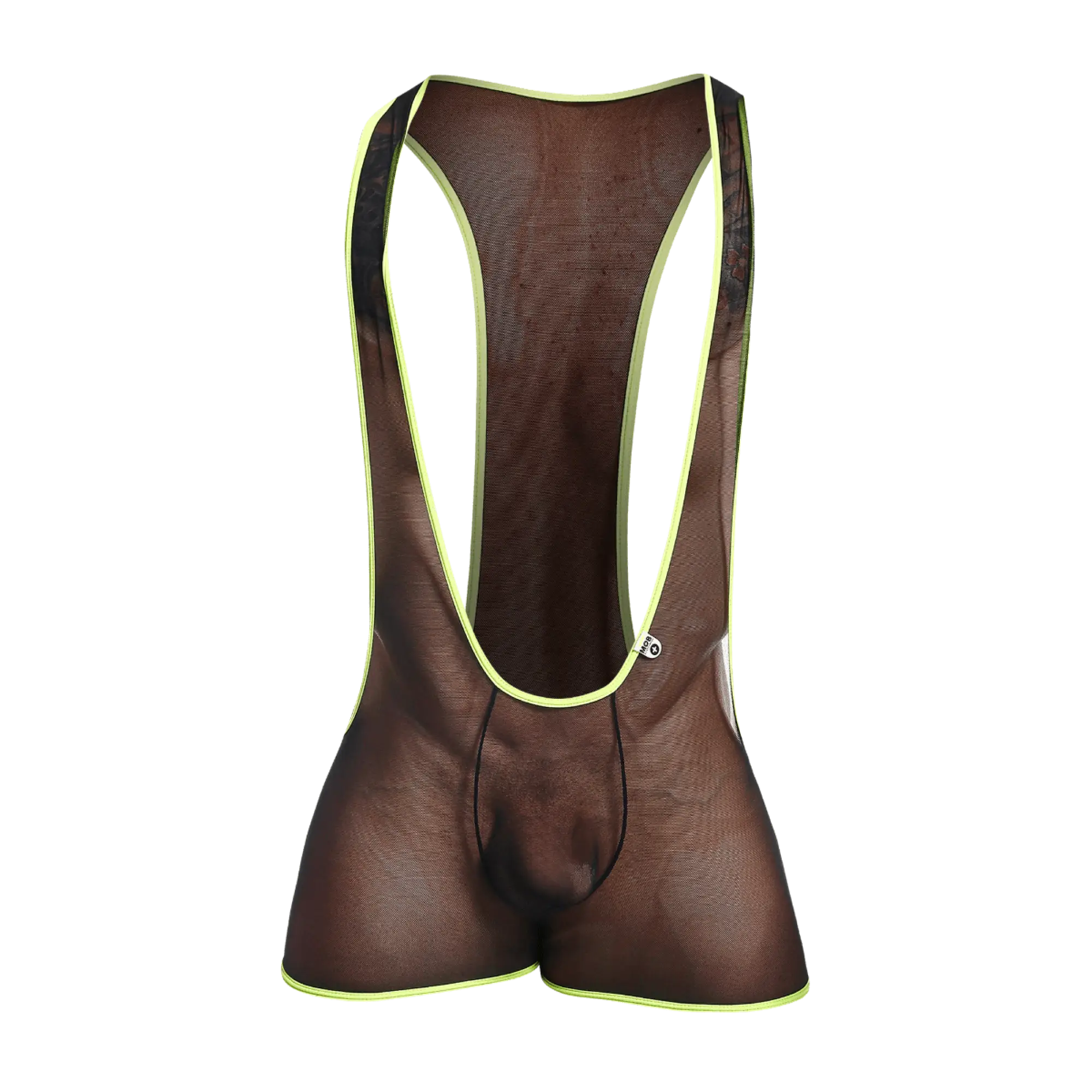 Brown mesh cycling bib shorts with neon yellow trim shown from the back in the MOB Singlet product line