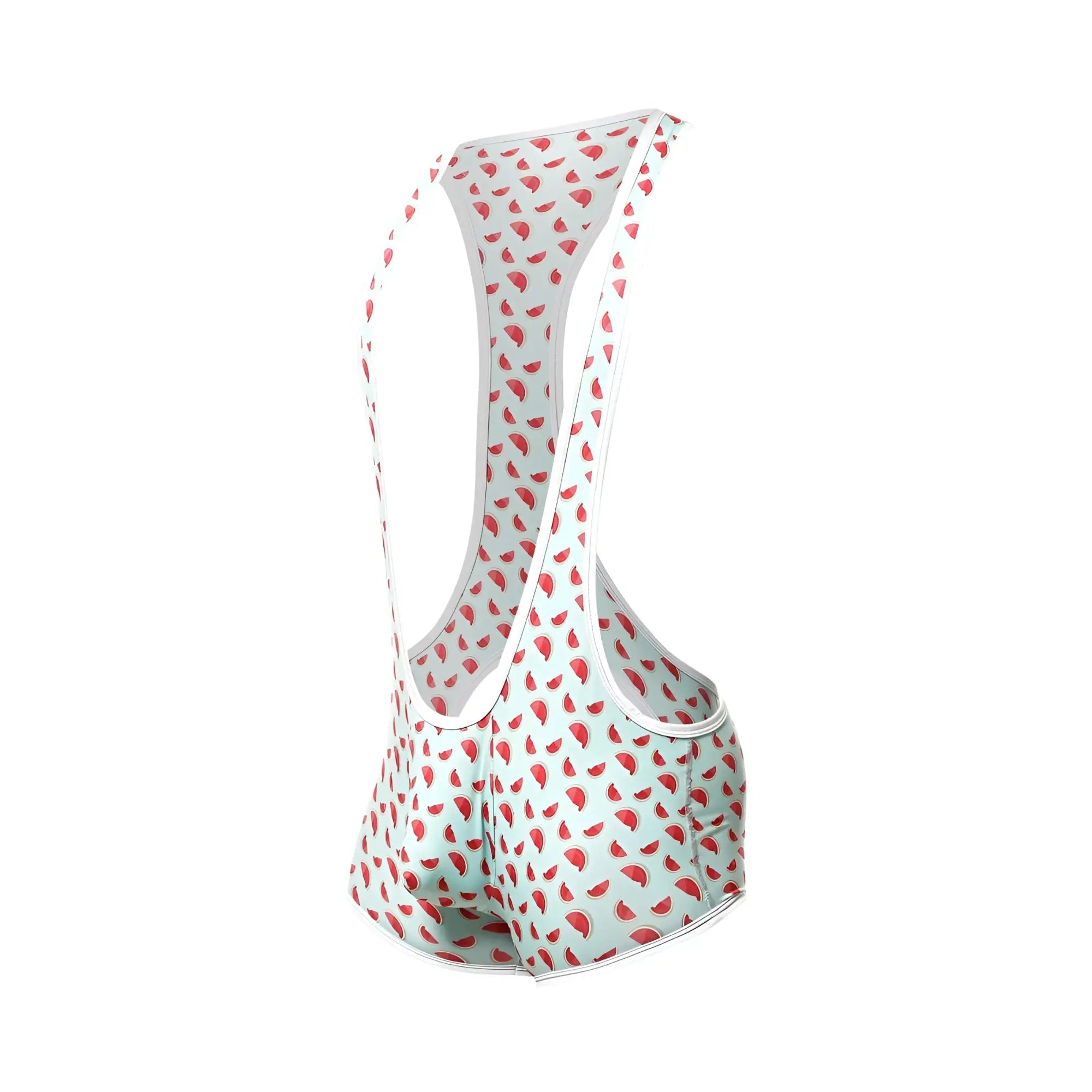 Light blue cycling bib shorts with red watermelon slice pattern and white trim featured in mob singlet product image