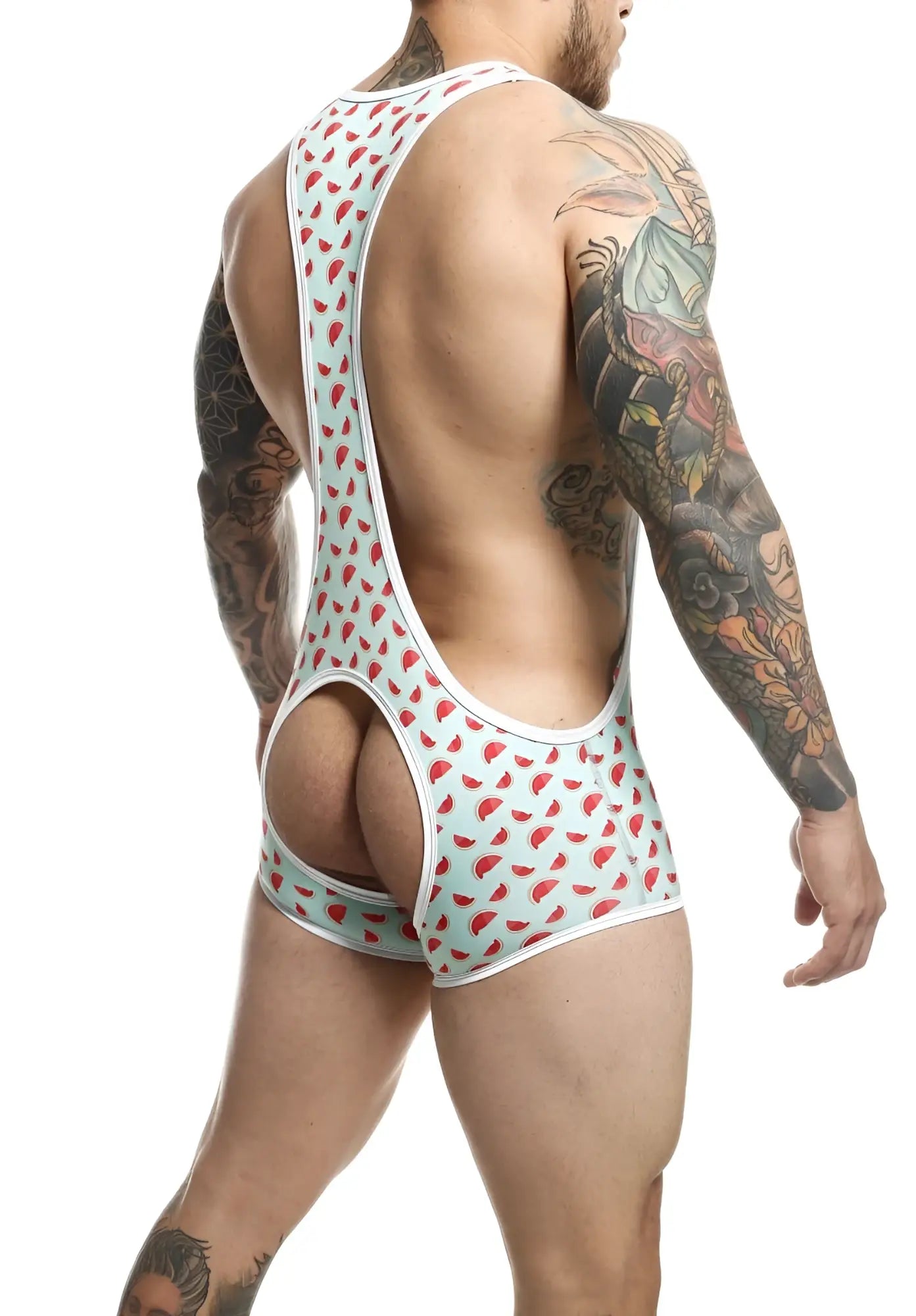 Men’s light blue and red watermelon slice patterned mob singlet athletic one-piece with white trim for sportswear