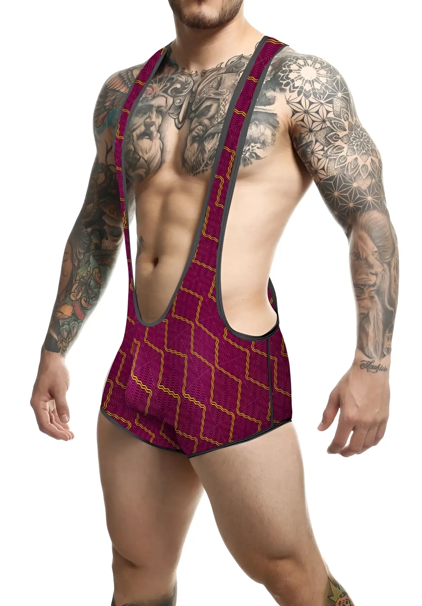 A maroon and gold patterned wrestling singlet with geometric lattice design featured in the mob singlet product
