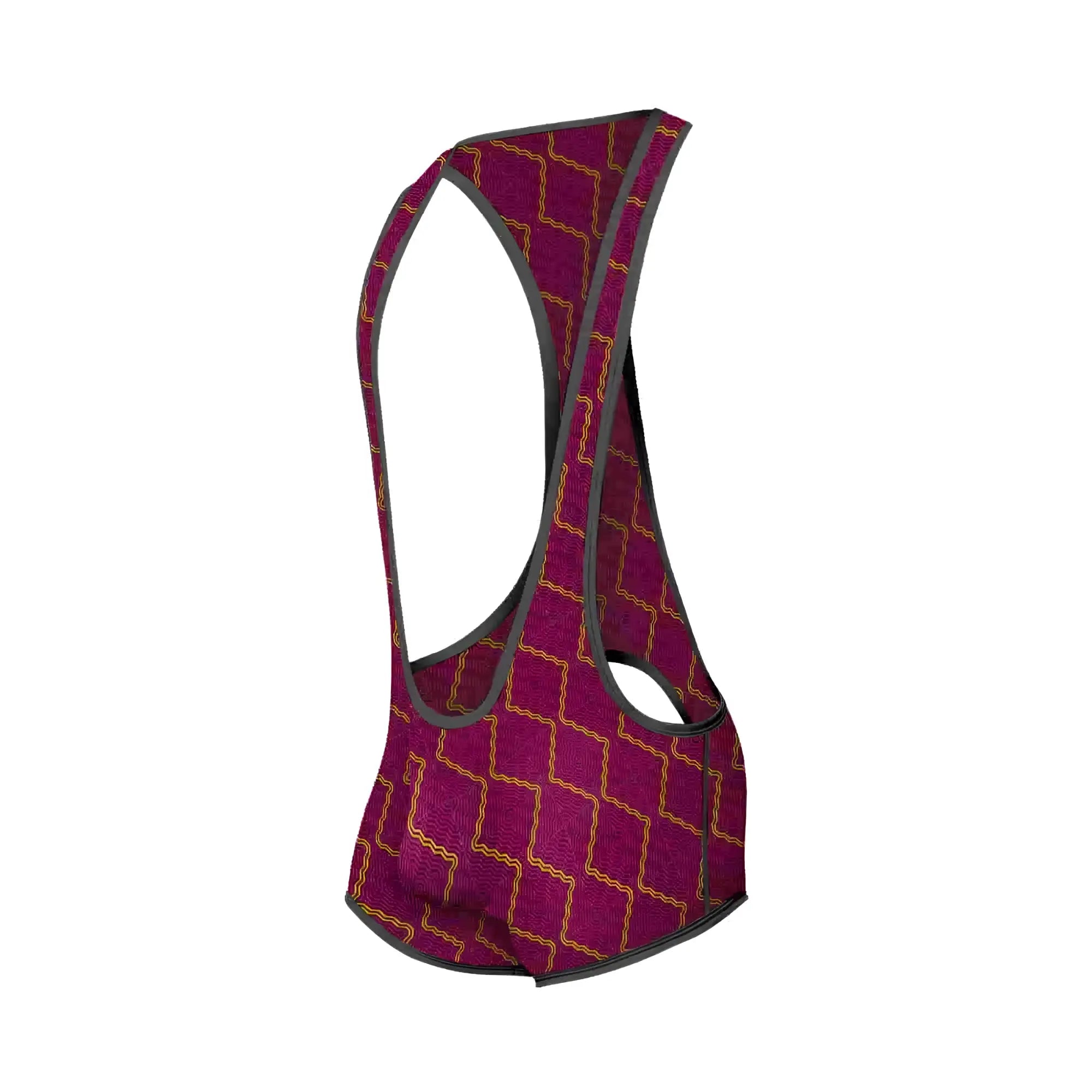A maroon mob singlet cycling jersey with gold geometric pattern and black trim designed for performance use