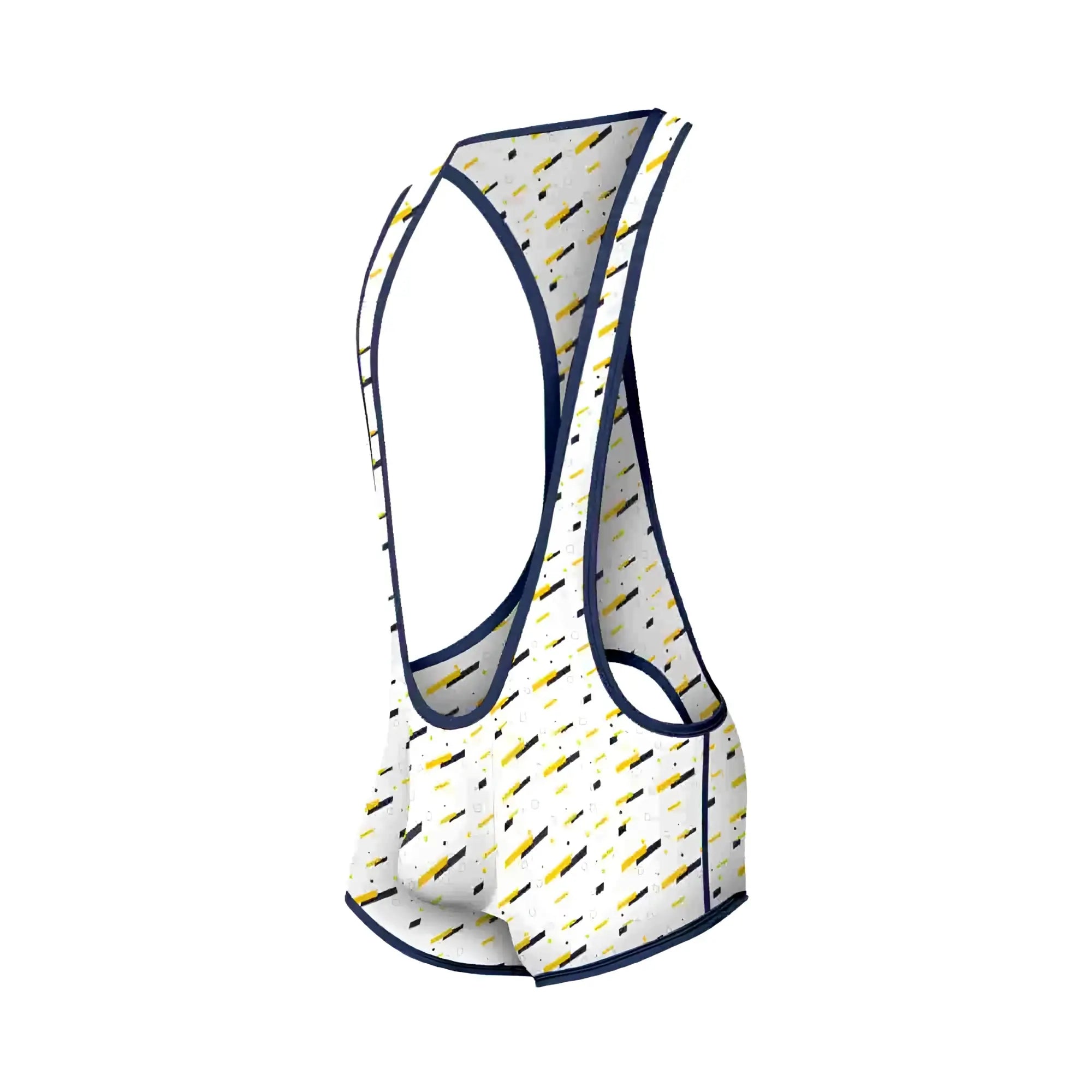 MOB singlet white cycling jersey with yellow and black diagonal stripes trimmed in navy blue shown from the back