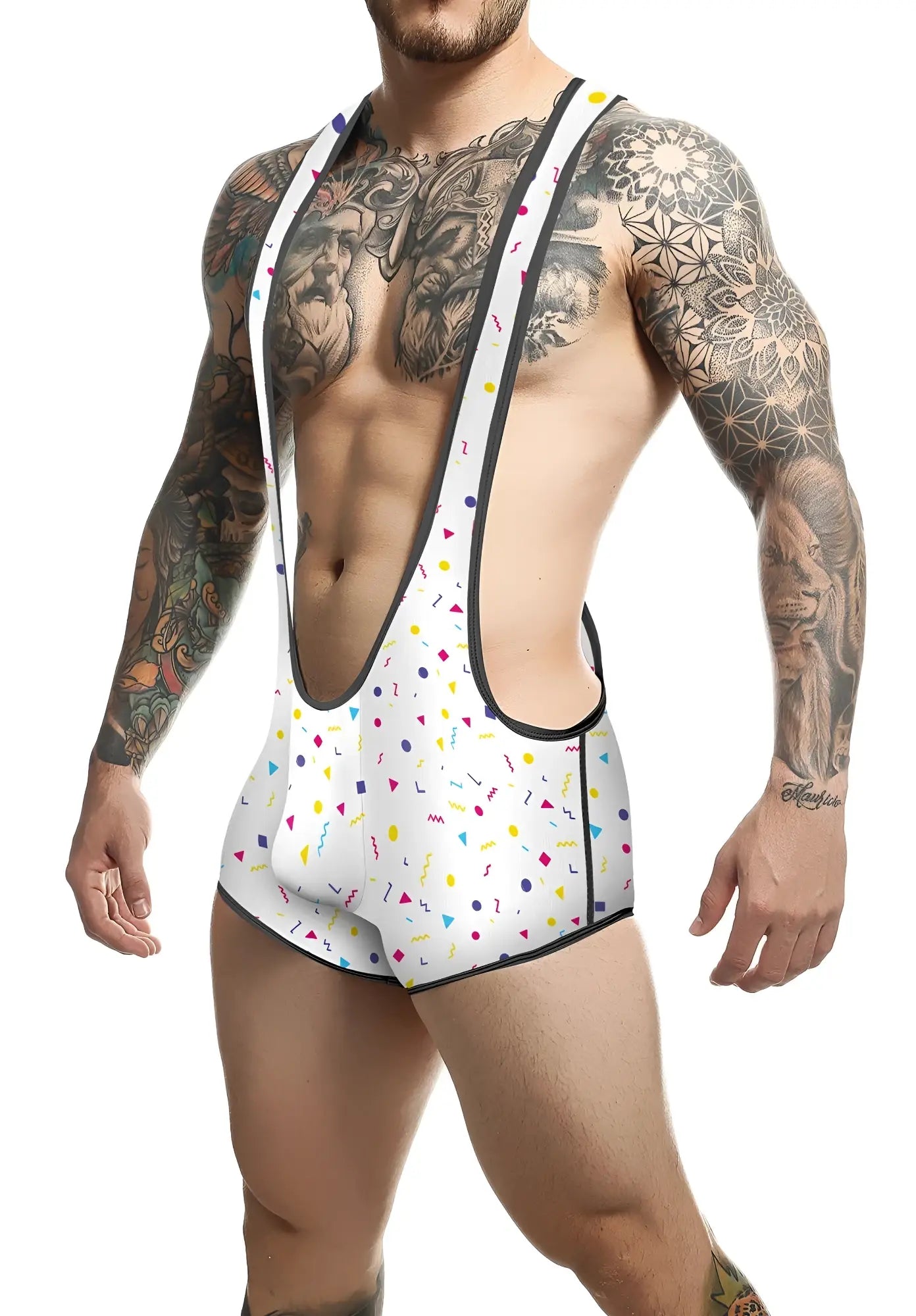 White men’s wrestling singlet mob singlet with colorful confetti pattern and black trim designed for athletic use