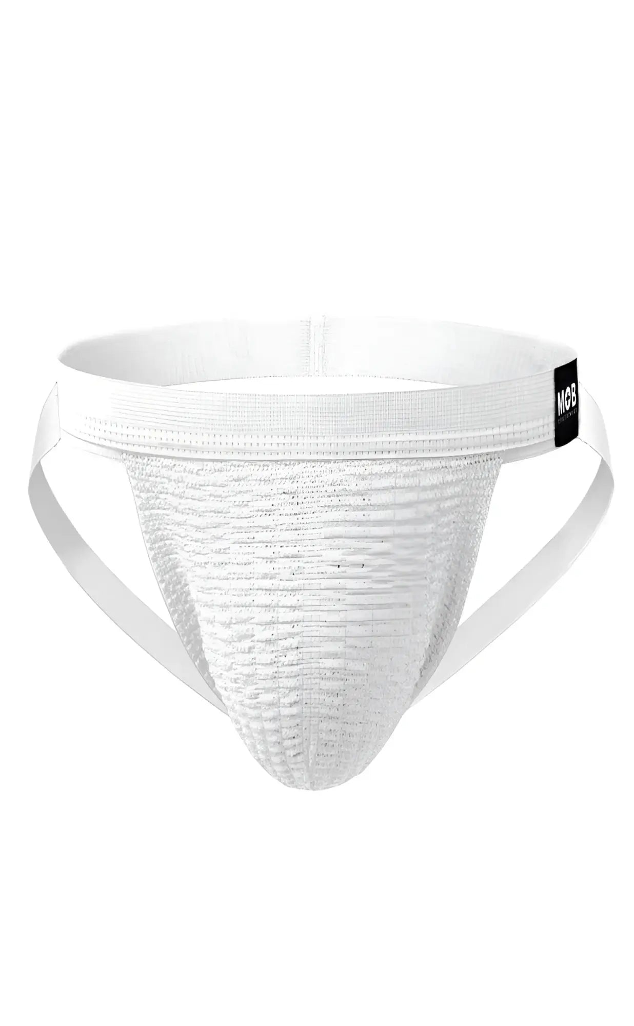White mob swim jockstrap athletic briefs with textured breathable fabric and elastic waistband with black brand tag