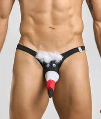 Black novelty thong for men with cartoon penguin design white fluffy trim red black beak and googly eyes