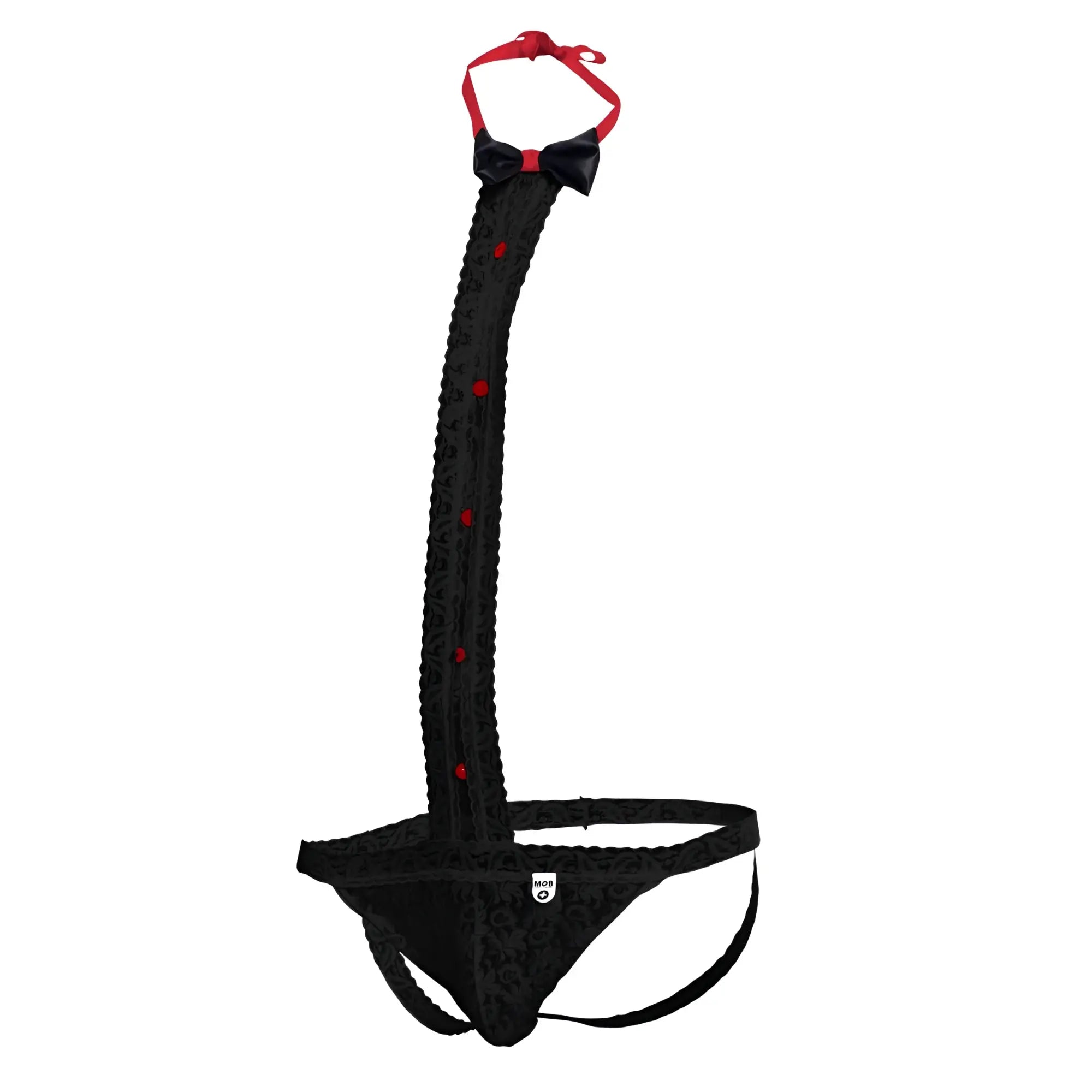 Black lace thong tuxedo style with red bow tie and matching red buttons along the strap front view