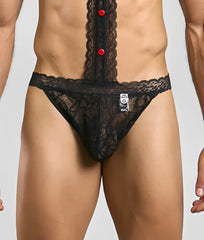 Black lace mob tuxedo thong with red buttons down the center front featuring delicate lace material