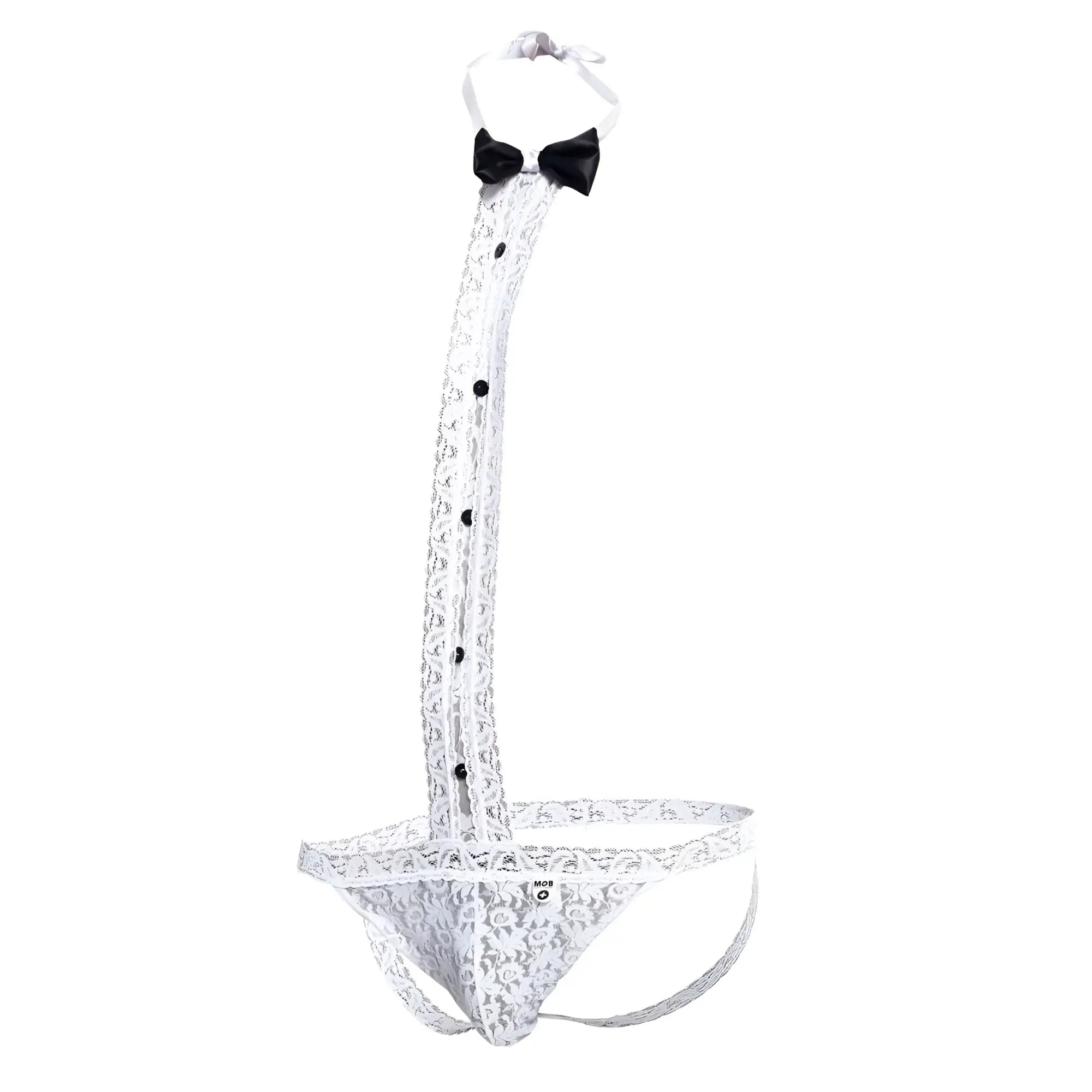 White lace men’s lingerie tuxedo thong with black bow tie and button details in mob tuxedo lace thong set