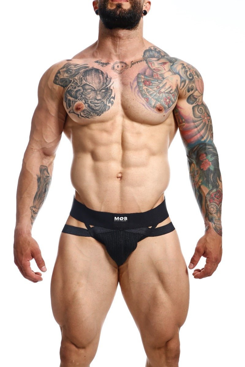 Men’s x jockstrap black mesh briefs with a central waistband featuring the m2b logo