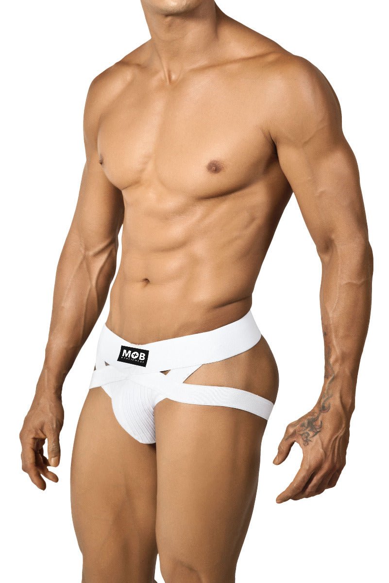 White mob brand men’s x jockstrap briefs with a sleek modern design bold cutouts and snug fit