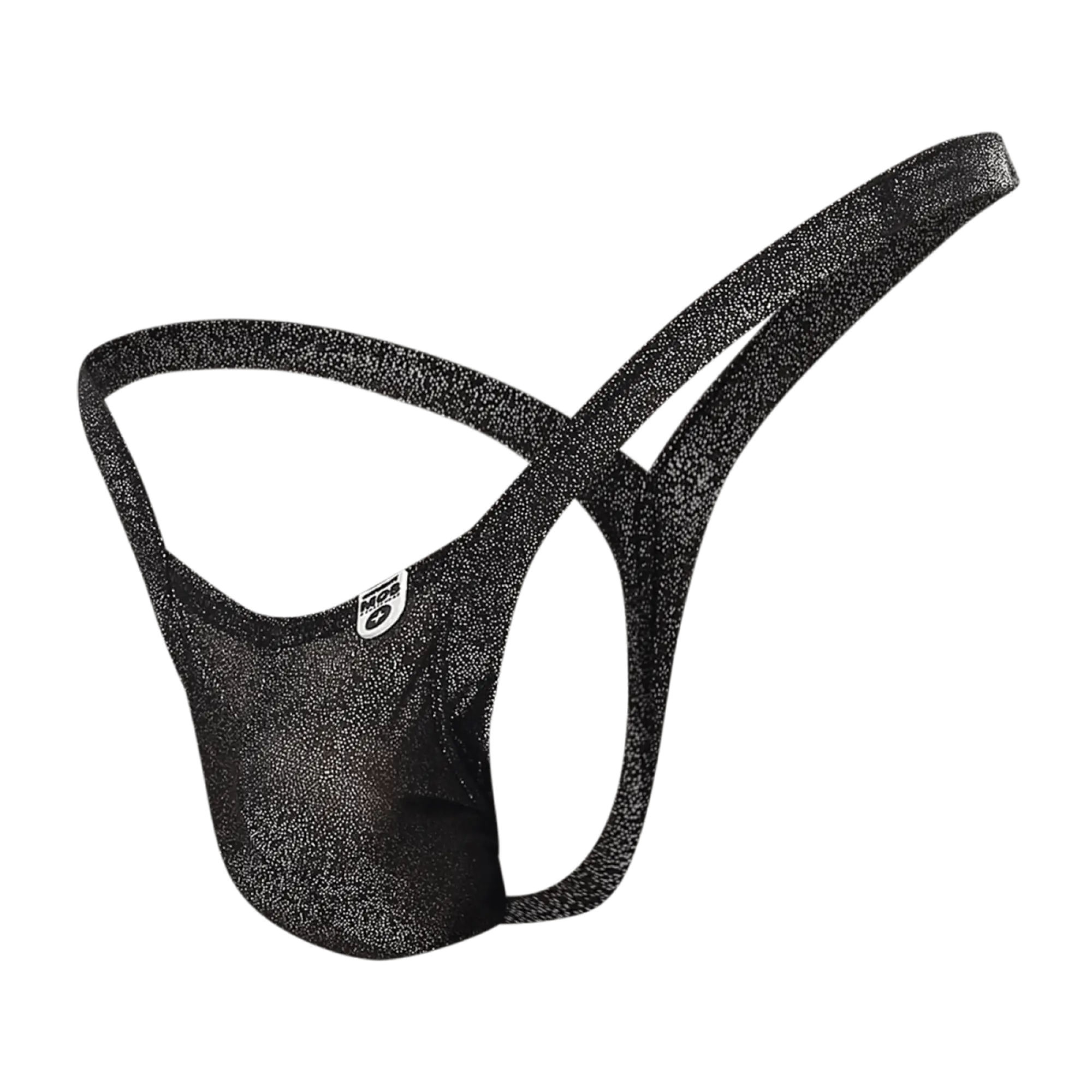 Black glittery mens briefs with a subtle shimmer texture and small white logo on the side mob y buns thong