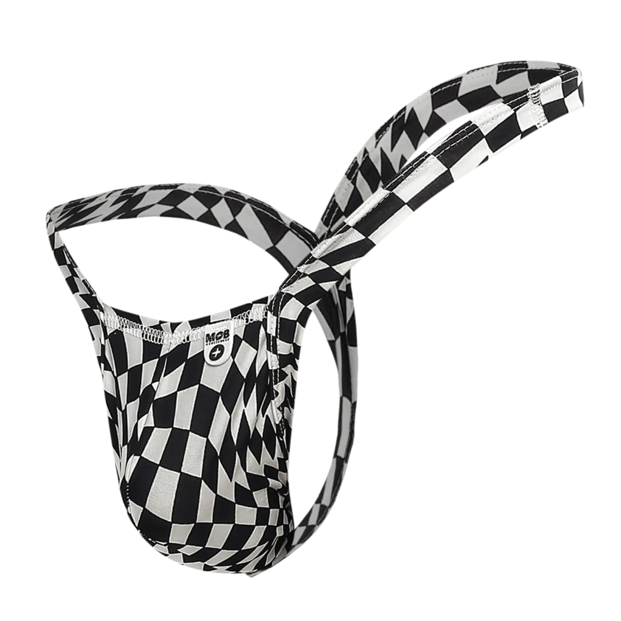Black and white checkered patterned m2b men’s briefs with a sleek form-fitting design from mob y buns thong collection